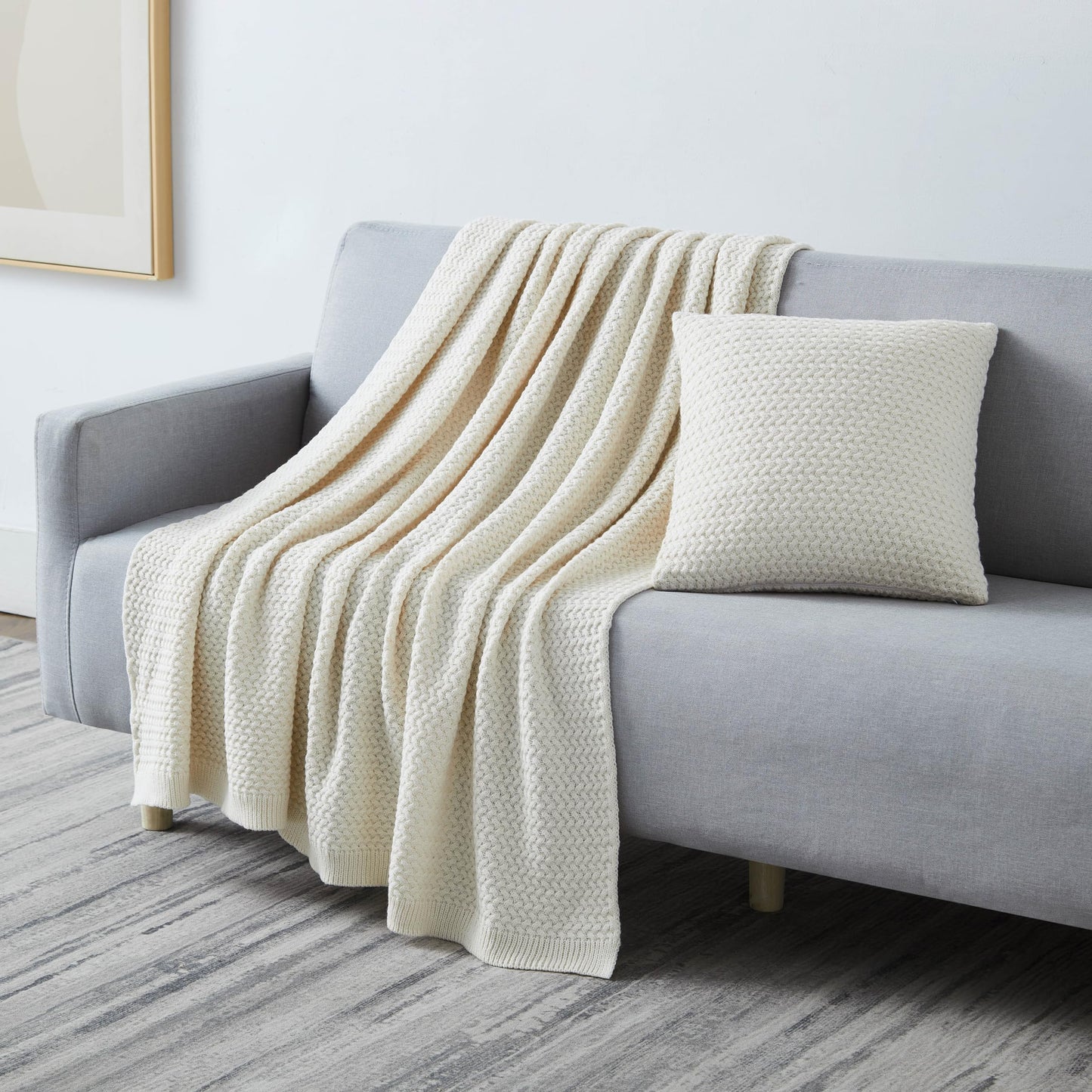 Southshore Fine Living, Inc. Taupe Throw Blanket for Couch or Bed with Matching Decorative Throw Pillow Cover, Acrylic Knit Throw Blanket and Throw Pillow Cover, Taupe