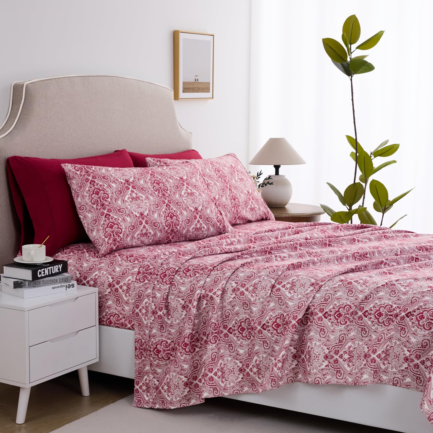 Spirit Linen Home 6-Piece Queen Size Bed Sheet Set - Deep Pocket, Paisley Print Design, Soft and Breathable Bed Sheets, Microfiber Material, Includes 1 Fitted, 1 Flat, 4 Pillowcases - Burgundy Paisley
