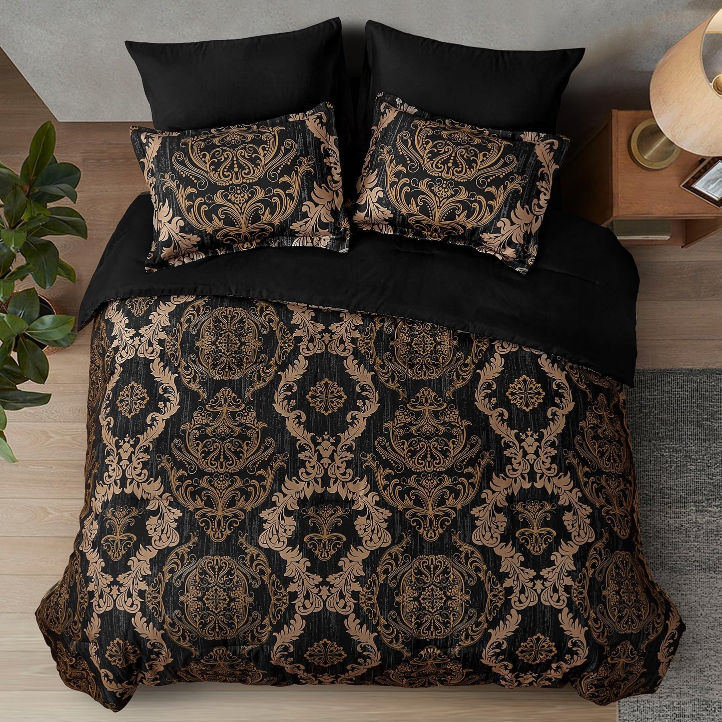 WONGS BEDDING Black Comforter Set Queen Size, Gold Damask Texture 7 Pieces Bed in a Bag Microfiber Comforter Bedding Sets -1 Comforter, 1 Flat Sheet, 1 Fitted Sheet, 2 Pillow Shams, 2 Pillowcases