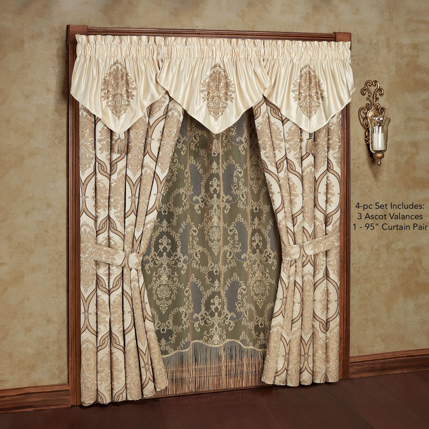 Luxurious Barrington Traditional Window Treatment | Sophisticated Jacquard Woven Damask Medallion Quatrefoil | Light Gold, Champagne, Chocolate | Drapery Set | Wide 95L Curtain Pair, 3 Ascot Valances