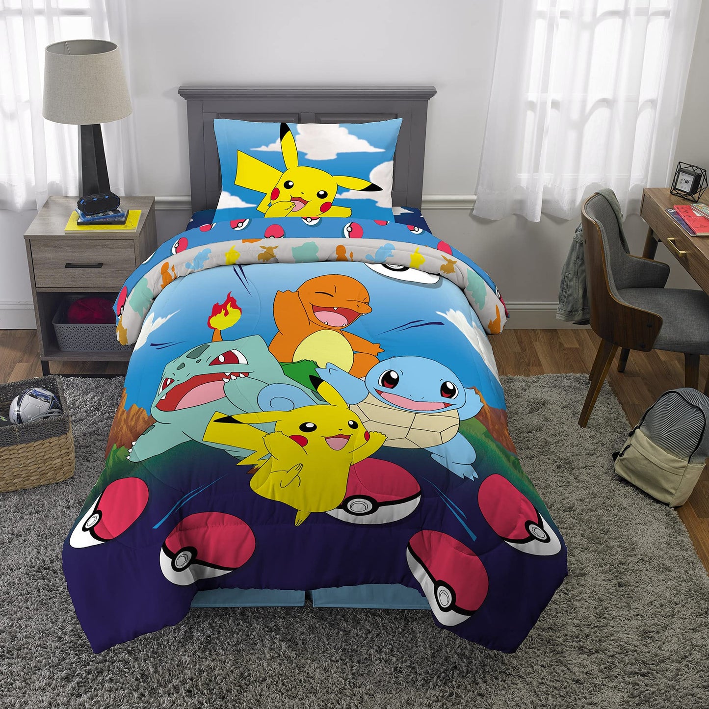 Franco Kids Bedding Super Soft Comforter and Sheet Set, 4 Piece Twin Size, Pokemon (Prints May vary)