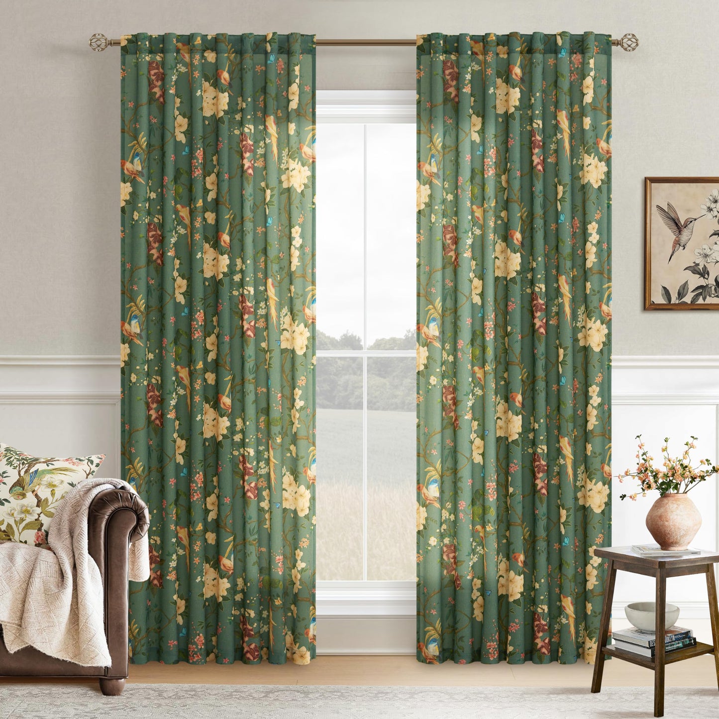 Olive Green Floral Linen Curtains for Living Room 84 Inches Long 2 Panels