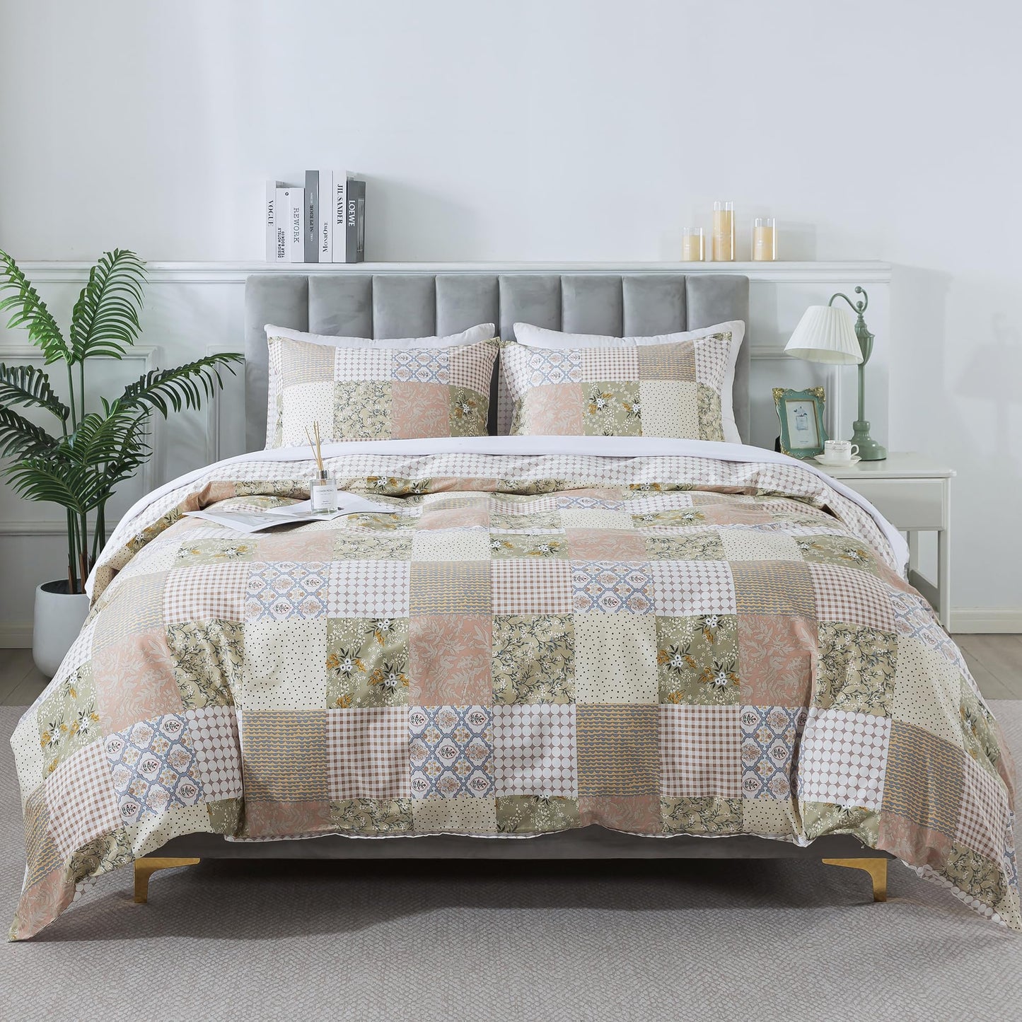 HoneiLife Duvet Dover King Size - 100% Cotton Comforter Cover, Patchwork Bedlinen Set with Zipper Closure & Corner Ties, 3-PC Rustic Comforter Cover Sets