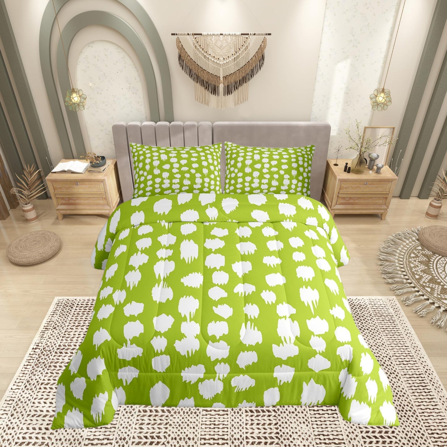 Erosebridal Lime Green Comforter Set Abstract Polka Dots Bedding Set Queen Size Boho Circle Down Comforter for Kids Boys Girls Adults Lime Green Brush Stroke Spots Quilt Duvet Fashion Room Decor