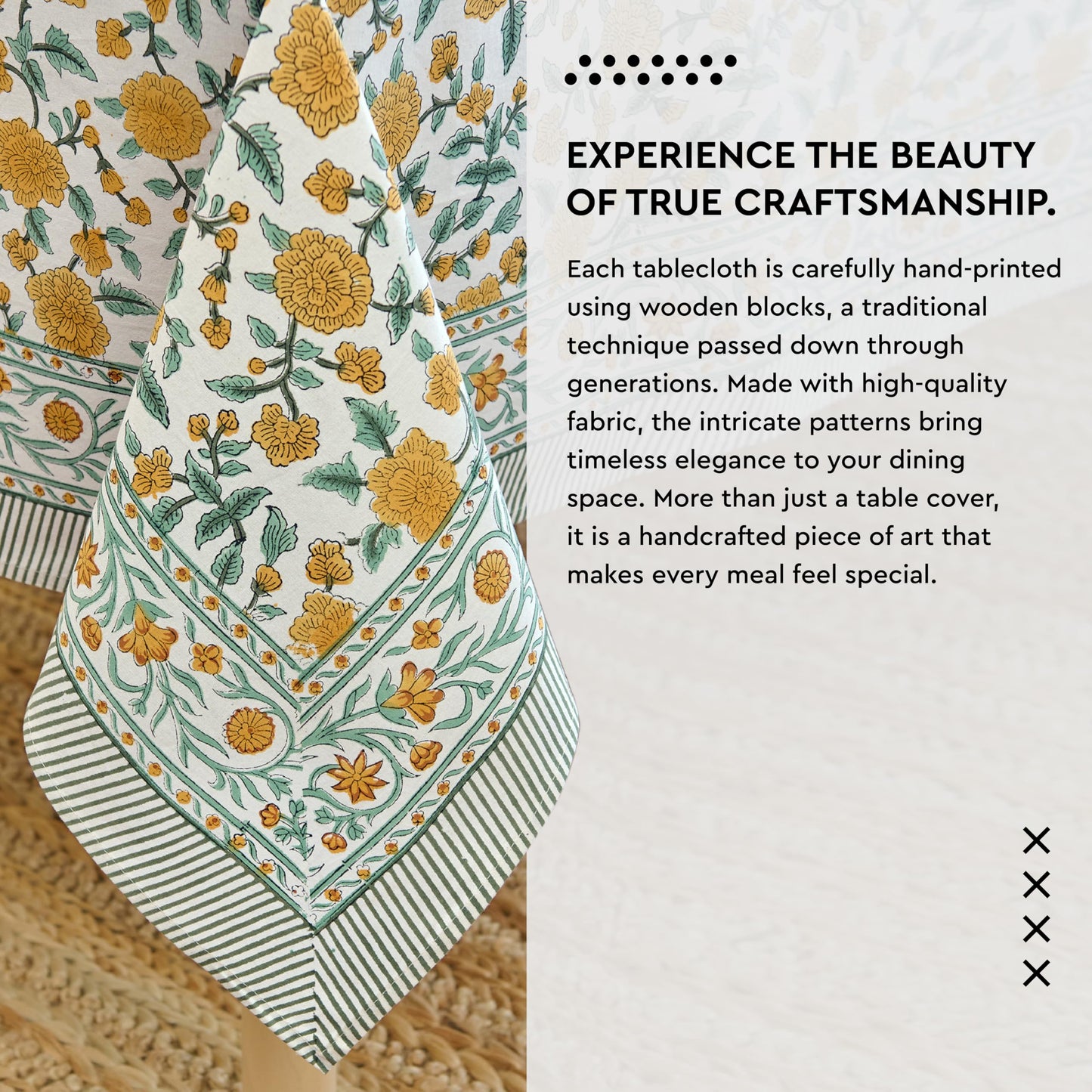 Encasa XO Rectangular Tablecloth 56"x72" 6 ft Yellow Jaipuri Block Print Cotton Dining Table Cloth | Handcrafted Floral tablecloths – Machine Washable for Indoor, Outdoor, Everyday Use