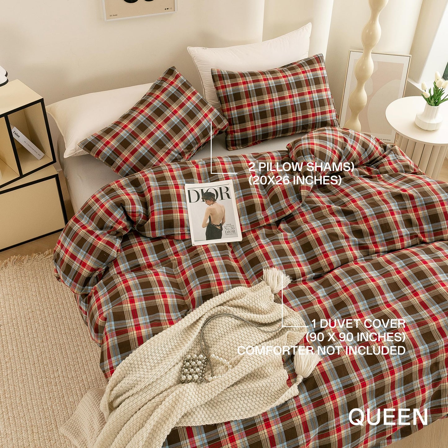 ECOCOTT Buffalo Plaid Duvet Cover Queen Size– 3 Piece Washed Cotton Bedding Set with Classic Checkered Pattern, Red & Brown Duvet Cover with Pillowcases for All Seasons