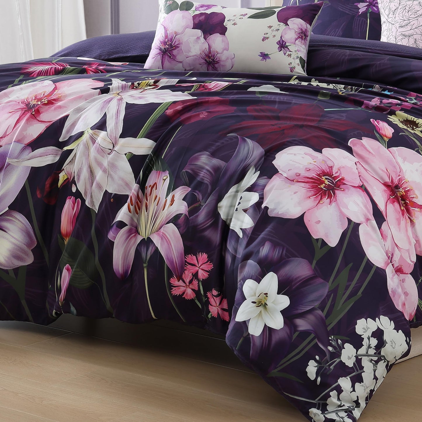 Bebejan Morning Glory 5 Piece Comforter Set, 100% Cotton Sateen, 220 Thread Count, Purple Floral Reversible Bedding Comforter Set, 1 Comforter, 2 Shams & 2 Pillows (King/Cal King)