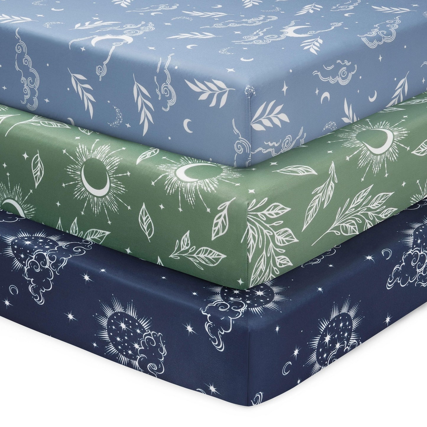 FIEMOL Baby Crib Sheets for Boys and Girls, 3 Pack Fitted Toddler Bed Sheets Neutral for 52”x28” Standard Crib and Toddler Mattresses, Super Soft Microfiber Green Starry Sky