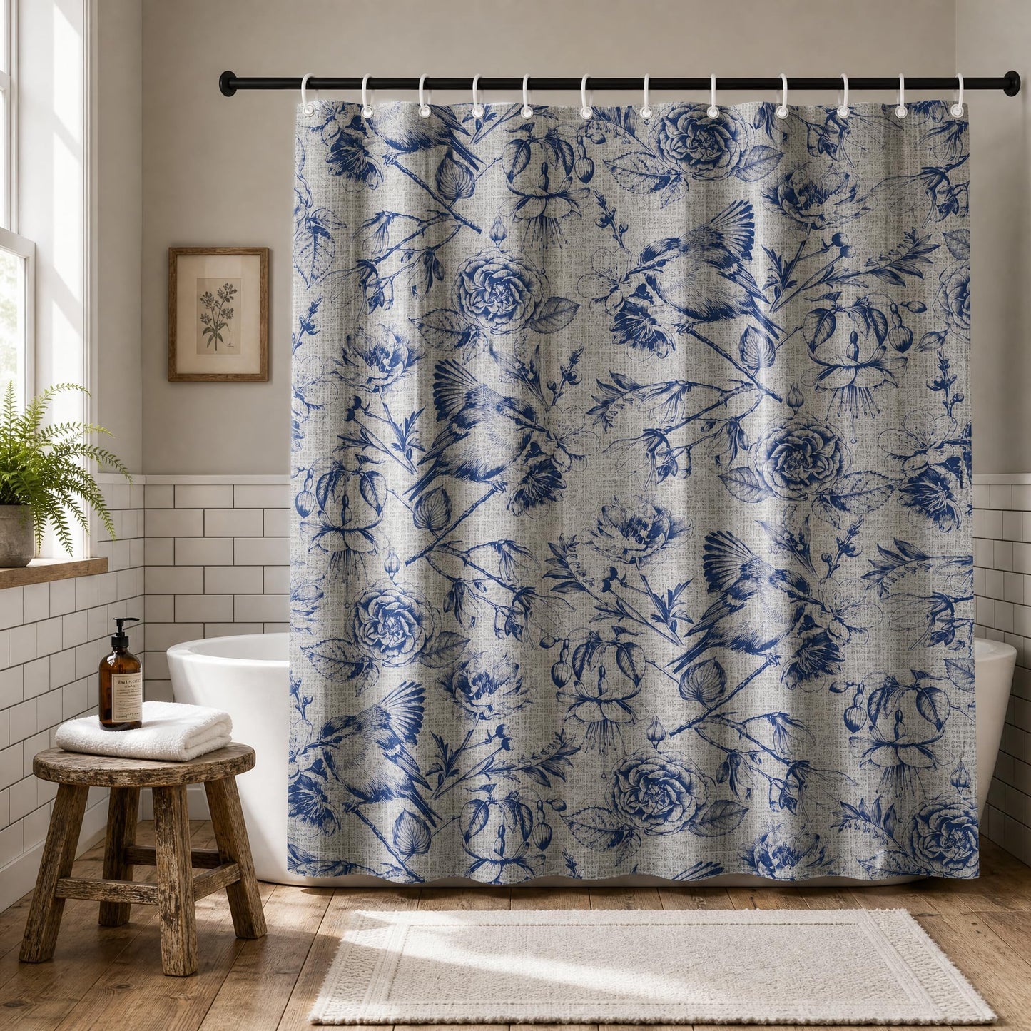 DLTAY Navy Blue Vintage Botanical Shower Curtain, 70x72 Inch