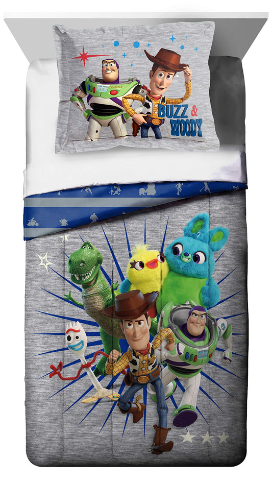 Jay Franco Disney Pixar Story 4 All The Twin/Full Comforter & Sham Set - Super Soft Kids Reversible Bedding Features Woody & Buzz Lightyear - Fade Resistant Microfiber(Official Disney Pixar Product)