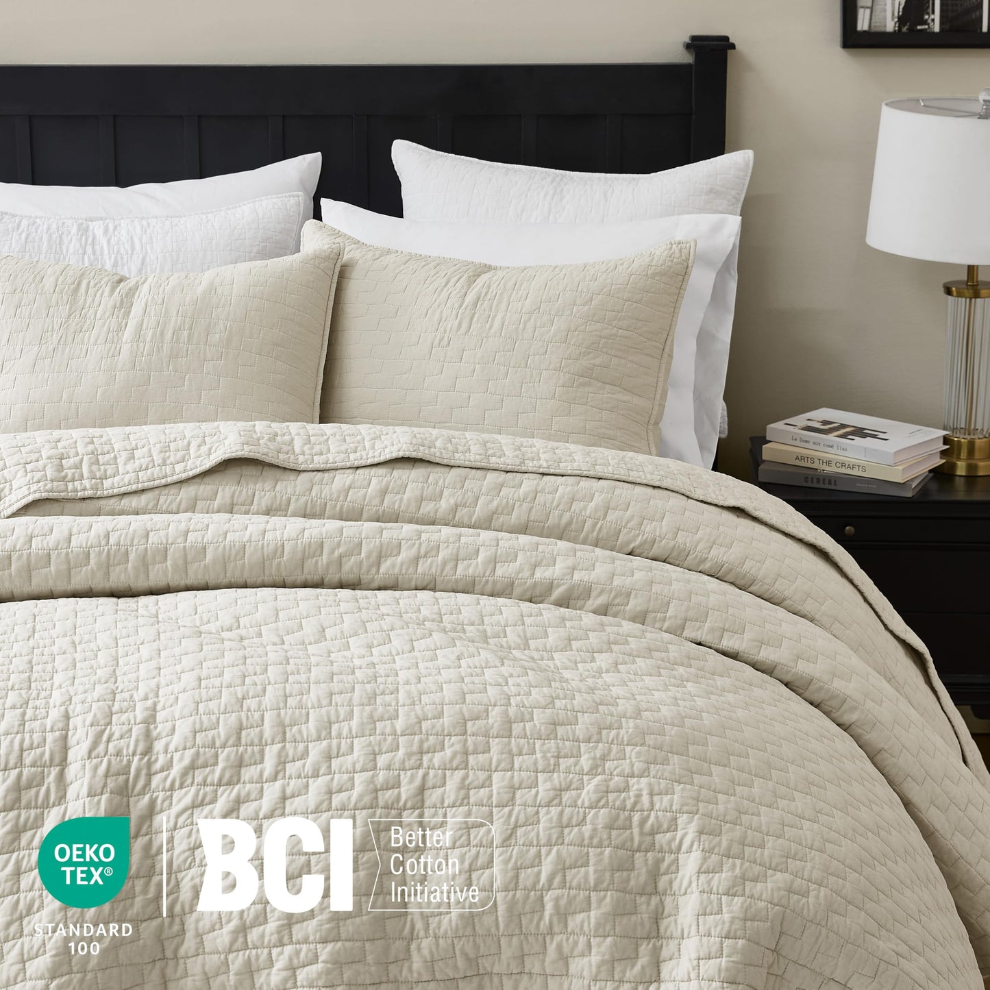 palassio Beige 100% Cotton Quilt California Cal King Size Bedding Sets with 2 Pillow Shams, Textured Oversized Lightweight Bedspread Shabby Chic Coverlet, Soft Bed Cover for All Season, 3 Pieces
