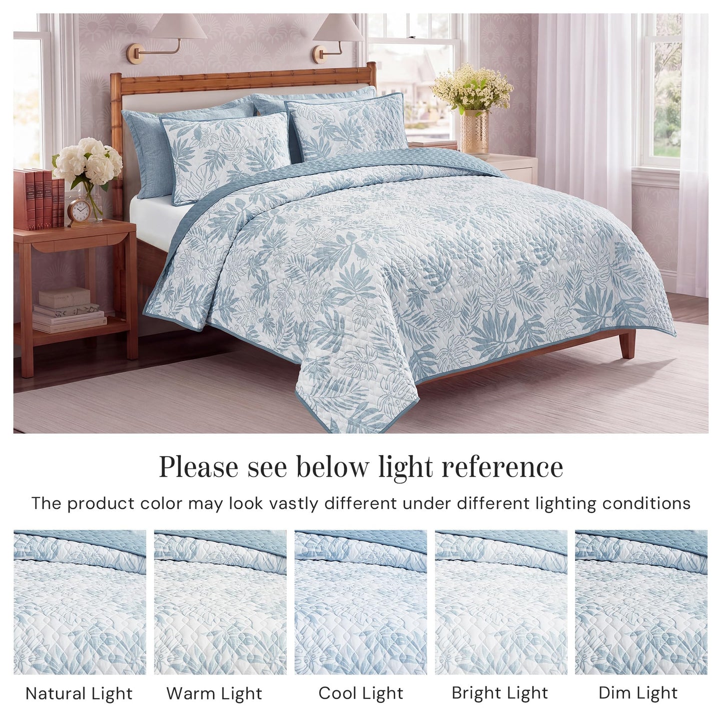 BLOOMHAVEN Quilt Set Queen Size, Moonstone Tropical Quilt Sets, Reversible Bedspread Lightweight and Breathable for All Seasons, Soft Quilted Bedspread with 2 Pillow Shams