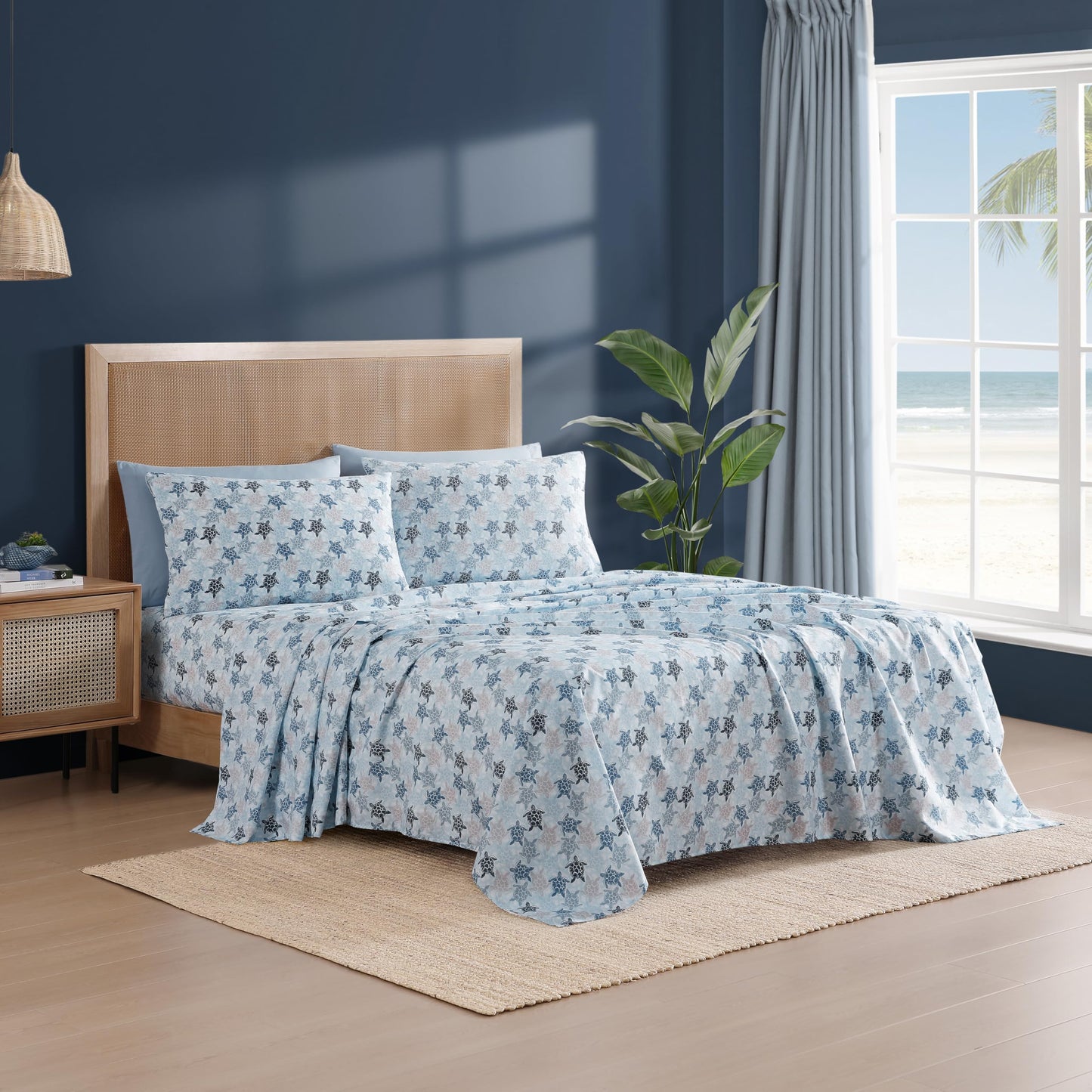 Caribbean Joe 6-Piece Sheet Set with Cooling Pillowcases, 12-inch Deep Pockets, Tropical Beach Coastal Design, Queen, Fanta Sea Blue