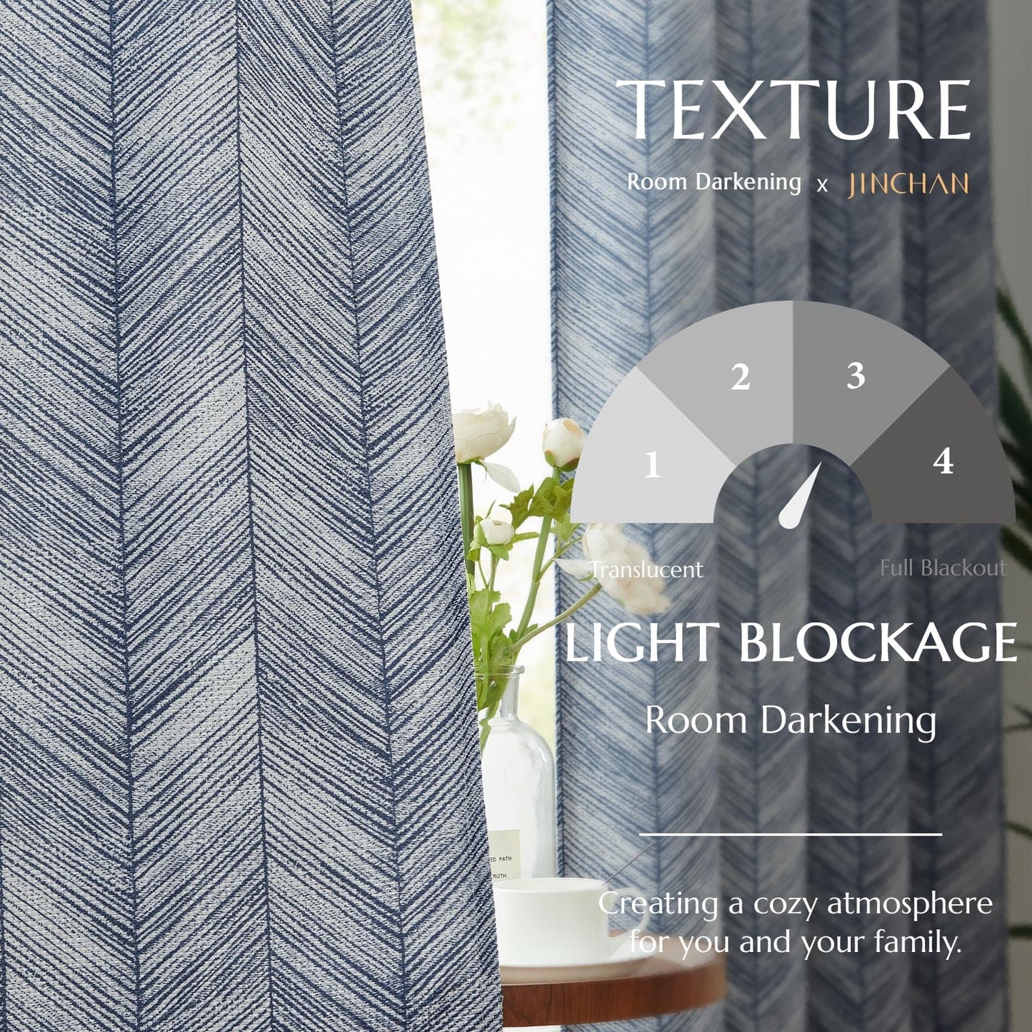 jinchan Blue Printed Curtains 84 Inch Length for Living Room Grommet Jacquard Curtains with Herringbone Pattern Modern Room Darkening Drapes Bedroom Window Curtain Set 2 Panels