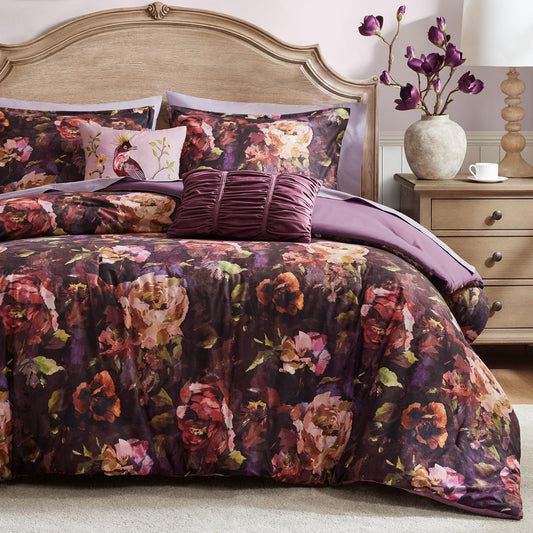 Madison Park King Size Black Comforter Set Floral, Shabby Chic Bedding Sets, 1 Soft Reversible Botanical Flowers Comforter, 2 Shams, 1 Decor Pillow, Seraphina, King | Reversible, Velvet Vintage
