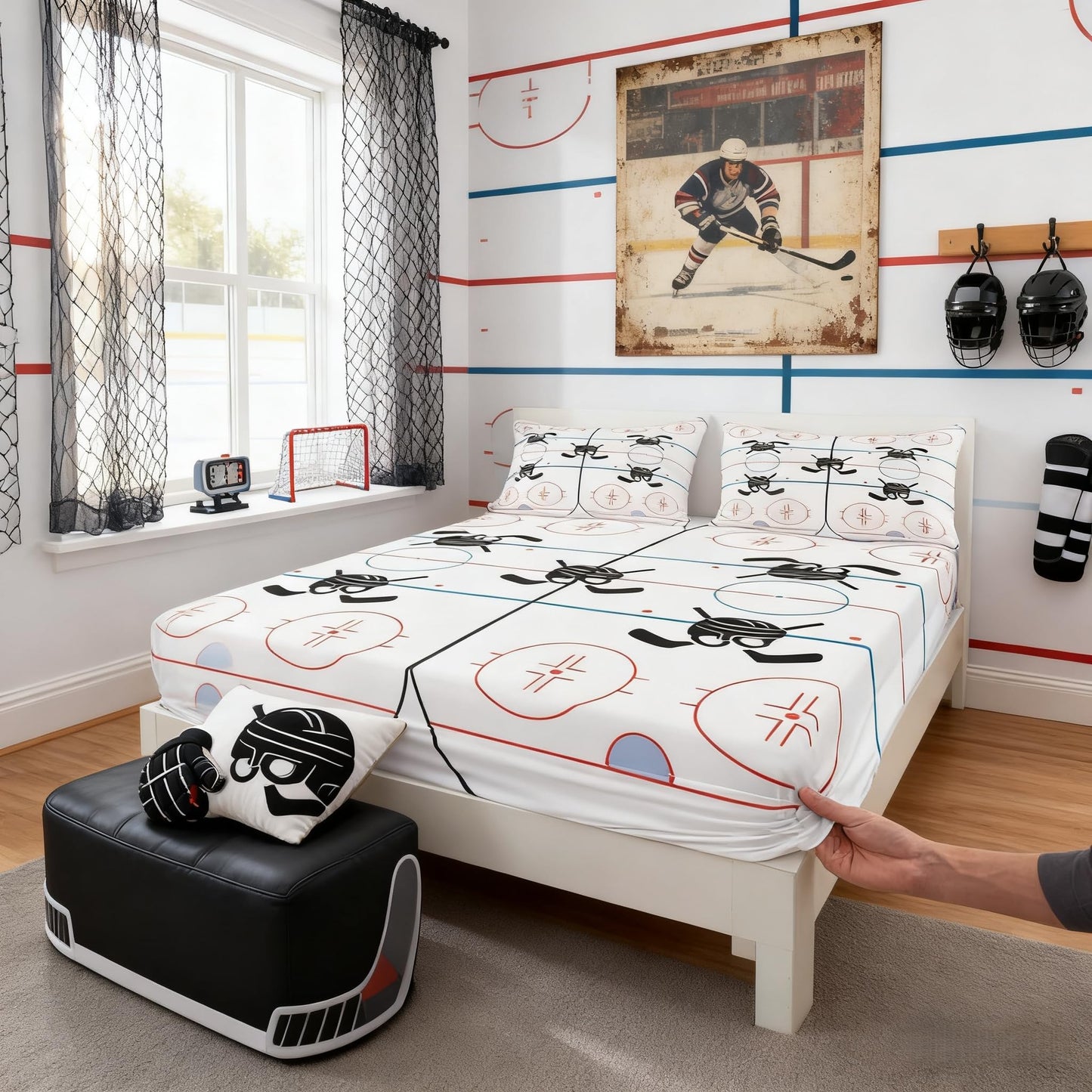 Hockey Stadium Kids Sheet Full Size,Ice Hockey Rink Bedding Set for Boys Girls Adults,Winter Event Sports Lovers Abstract Vivid White Bed Sheet Set 4pcs(Fitted Sheet + Flat Sheet + 2 Pillowcases)