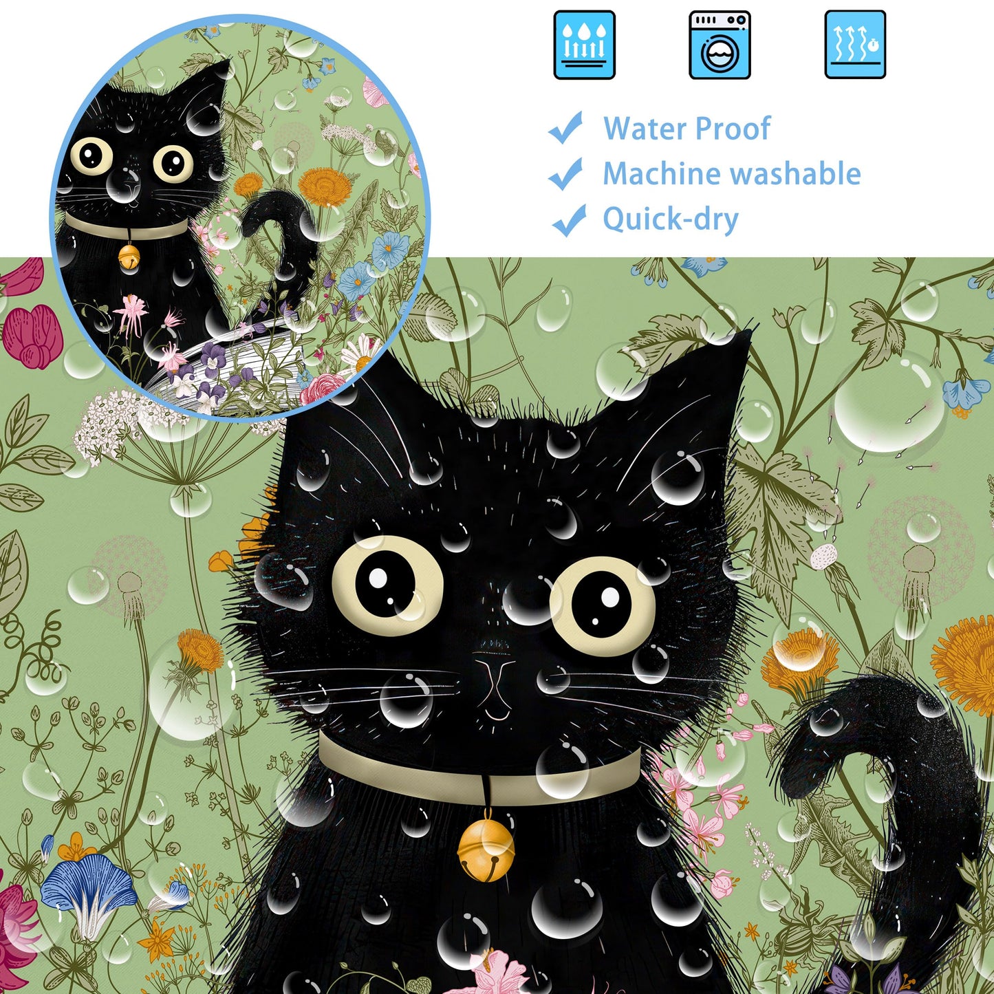 Art_Angels Cute Cat Shower Curtain Wildflower Plant Shower Curtains for Bathroom Flower Butterfly Shower Curtain Set Polyester Waterproof Cloth Fabric with Hooks, 72x72 Inches, Green