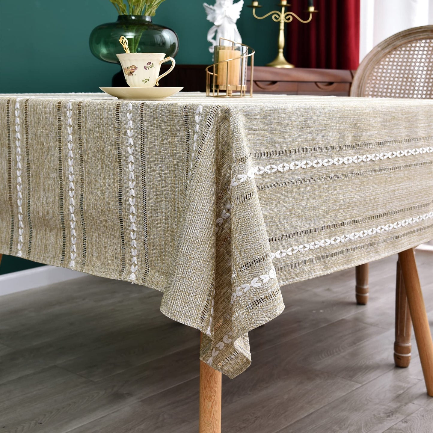 NEWISHER Rustic Farmhouse Embroidered Small Square Tablecloth Jacquard Striped Table Cloth Linen Texture Washable Dining Table Cover Kitchen Dining Home Decoration Yellow 42x42 inch