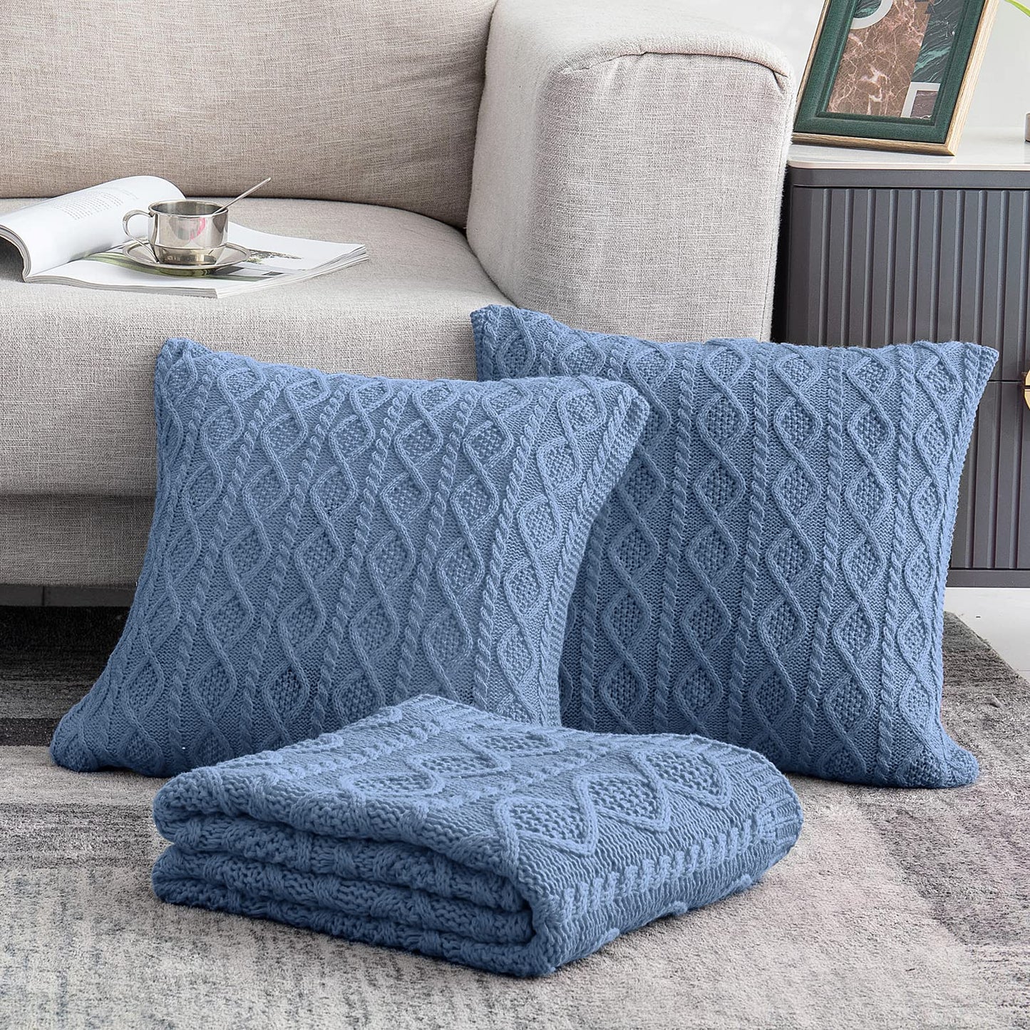 Homiest Dusty Blue Cable Knit Throw, 60 x 80 Inch, Lightweight Acrylic Knitted Blanket with Diamond Texture, Soft & Cozy for Couch, Bed, Sofa