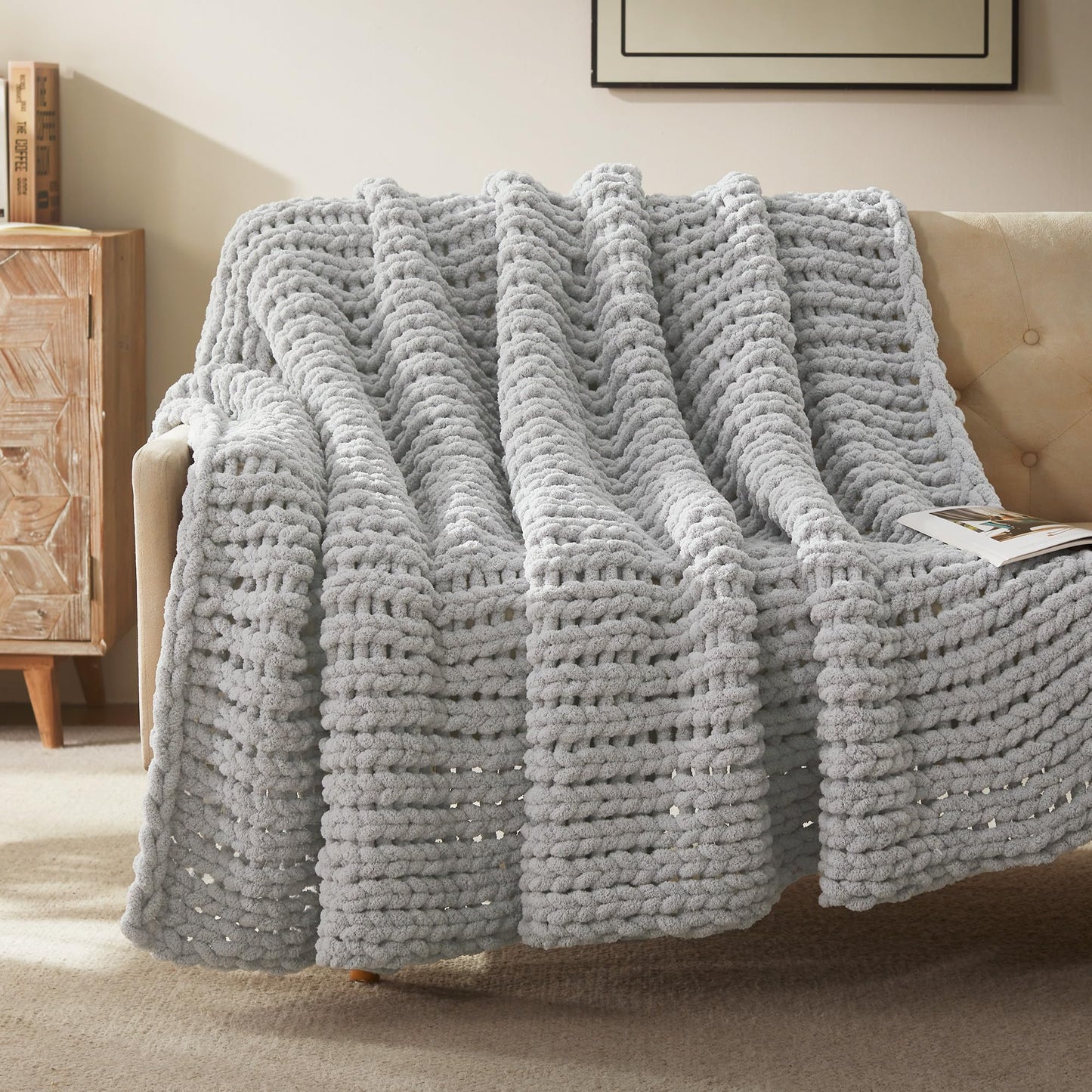 SLEEP ZONE Chunky Knit Throw Blanket for Couch, Throw Blankets for Bed - Hand Made Cozy Soft Large Rope Knot Heavy Blankets Home Decor (Grey, 40x50in)