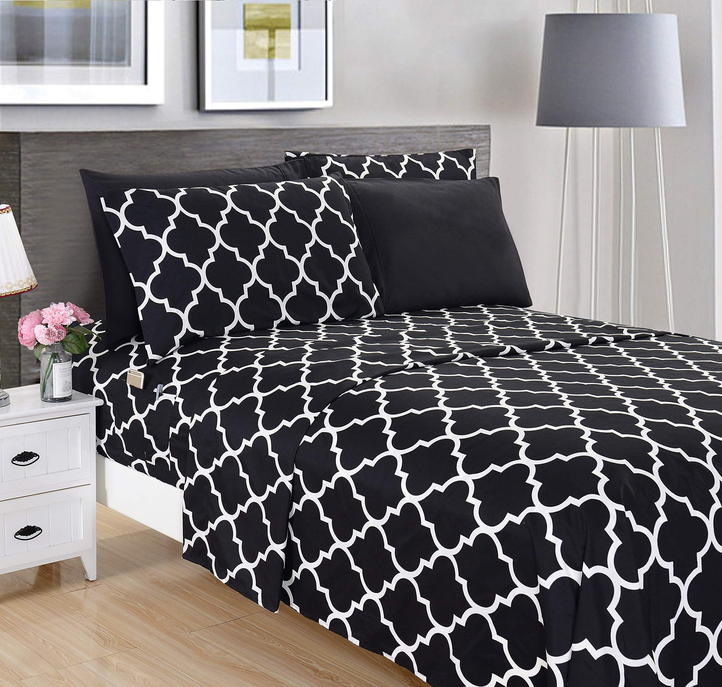 Elegant Comfort 4-Piece Quatrefoil Printed Deep Pocket Bed Sheet Set, Luxurious Silky 1500 Thread Count Bed Sheet Set Ultra Soft Wrinkle Resistant Bedding Set, Twin/Twin XL, Black