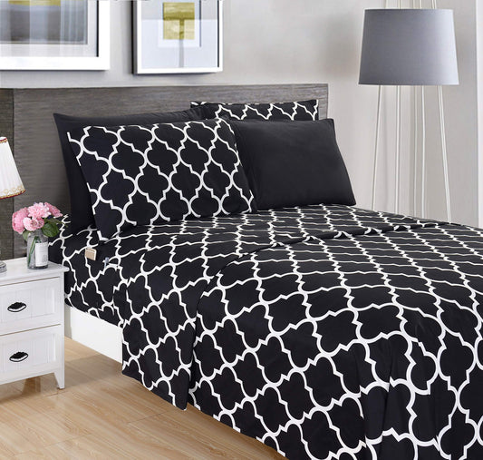 Elegant Comfort 4-Piece Quatrefoil Printed Deep Pocket Bed Sheet Set, Luxurious Silky 1500 Thread Count Bed Sheet Set Ultra Soft Wrinkle Resistant Bedding Set, Twin/Twin XL, Black