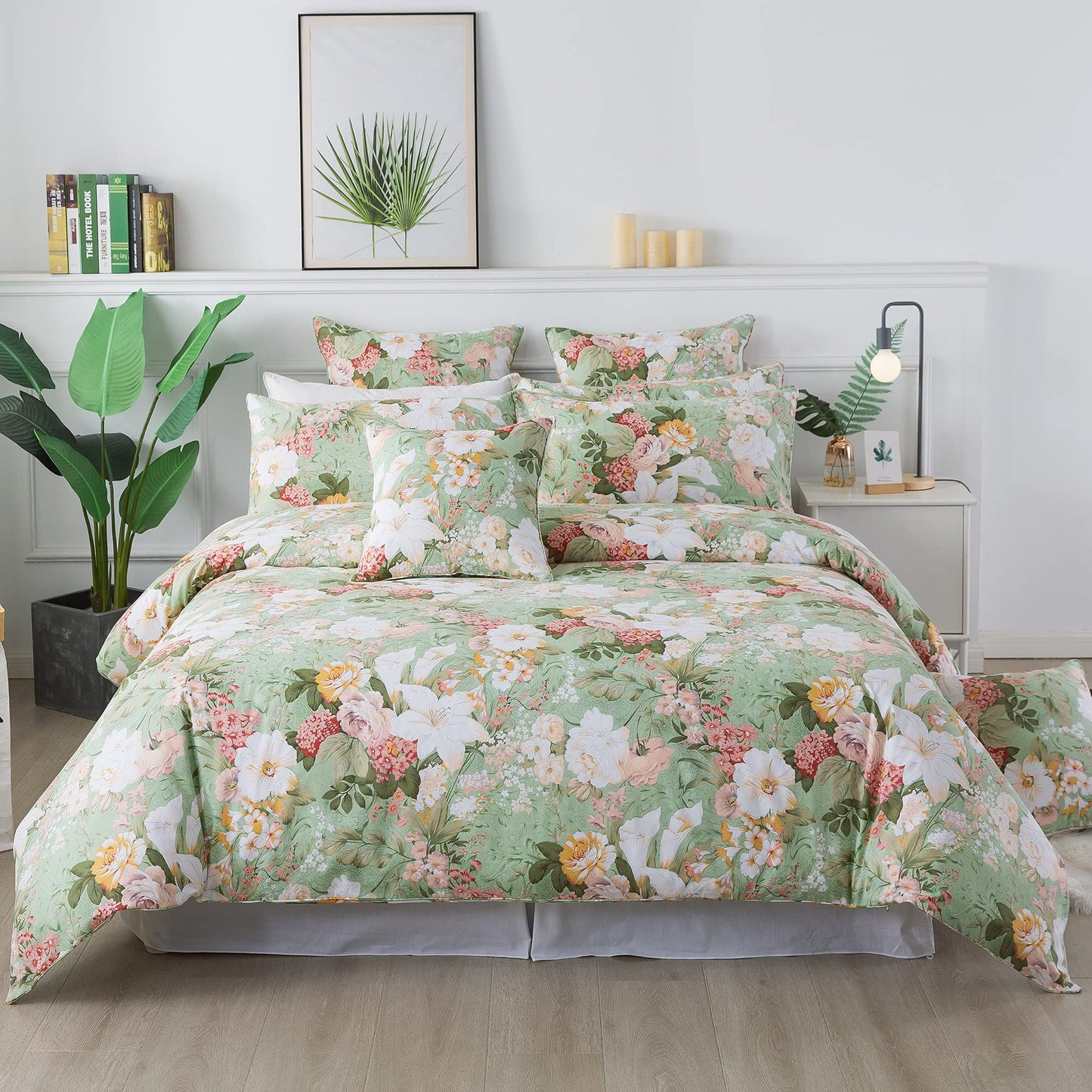 FADFAY Floral Duvet Cover Set Full 100% Cotton Girls Bedding 600 TC Mint Green and White Flower Elegant Lily Printed Comforter Cover Zipper Corner Ties Soft Bed Cover 3 Pcs