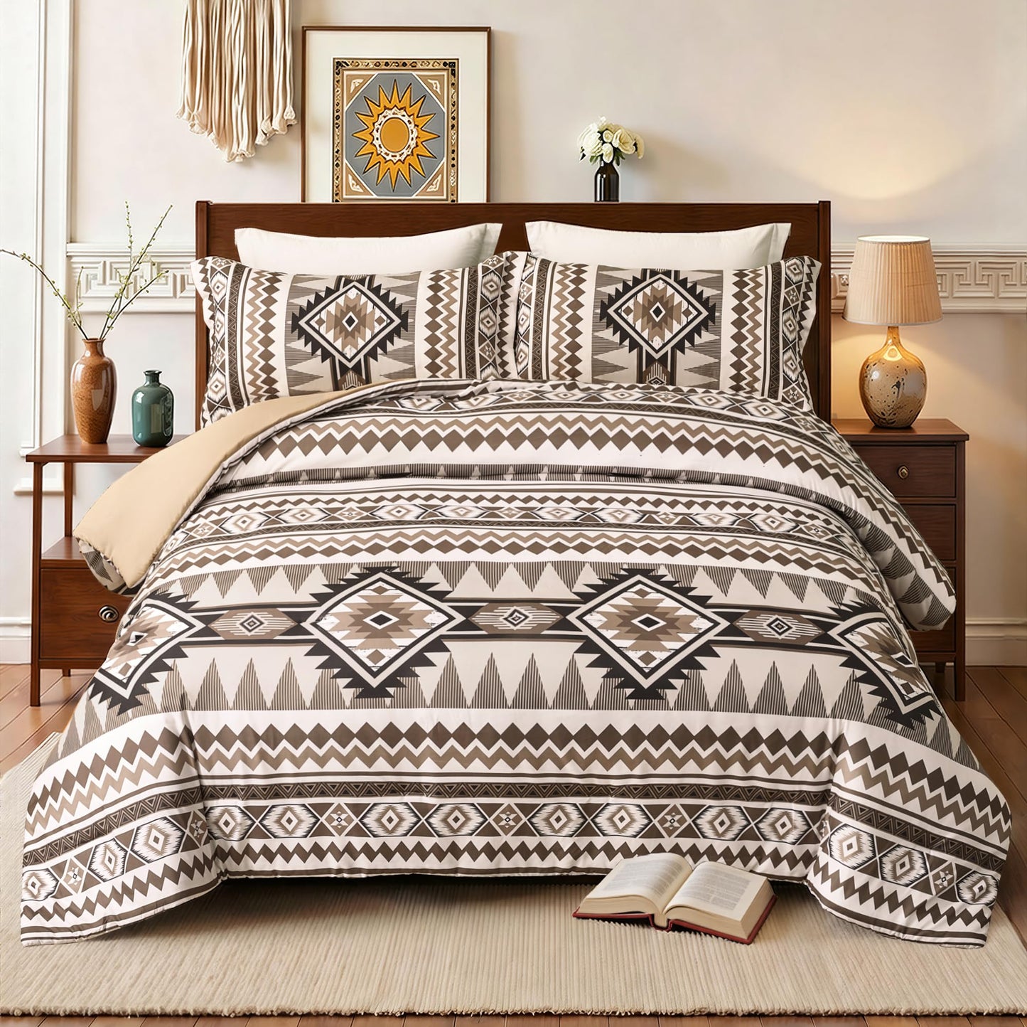 Tyrot Brown King Size Comforter Set – 3 Piece Boho Aztec Western Bedding Sets, Soft Lightweight Comforter for All Seasons, Southwestern Style, 1 Comforter & 2 Pillow Shams