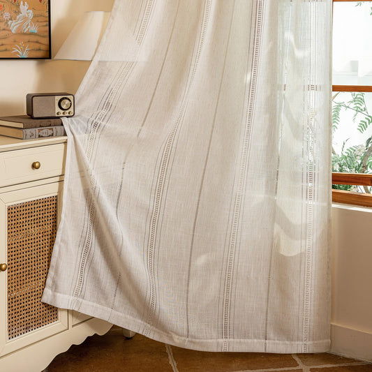 MYSKY HOME Boho Living Room Curtains 84 Inches Long Semi Sheer Light Filtering Privacy Drapes for Bedroom, Farmhouse Rustic Hollowed-Out Home Decor Back Tab, 50" W×84" L, Natural, 2 Panels