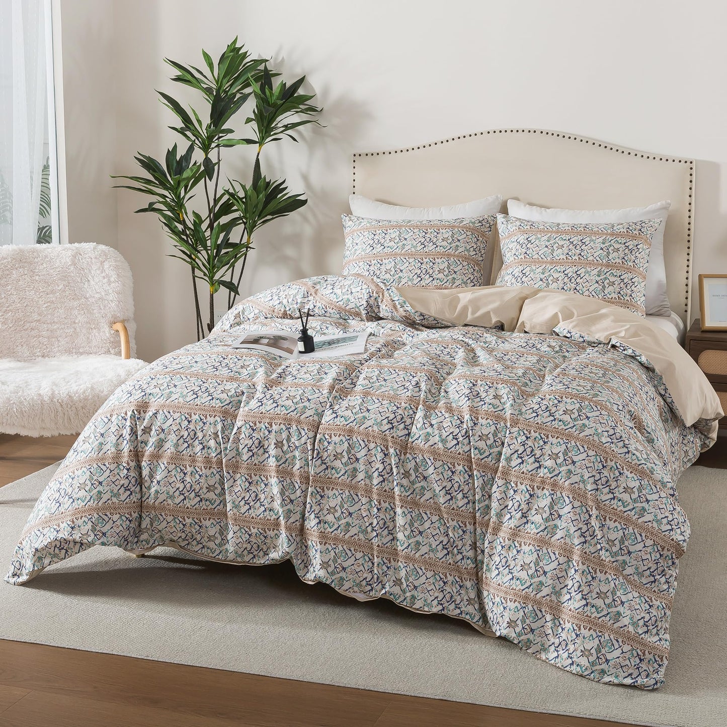 HoneiLife Retro Duvet Cover Queen - 100% Cotton Comforter Cover, All Season Bed Linen Sets for Queen Bed