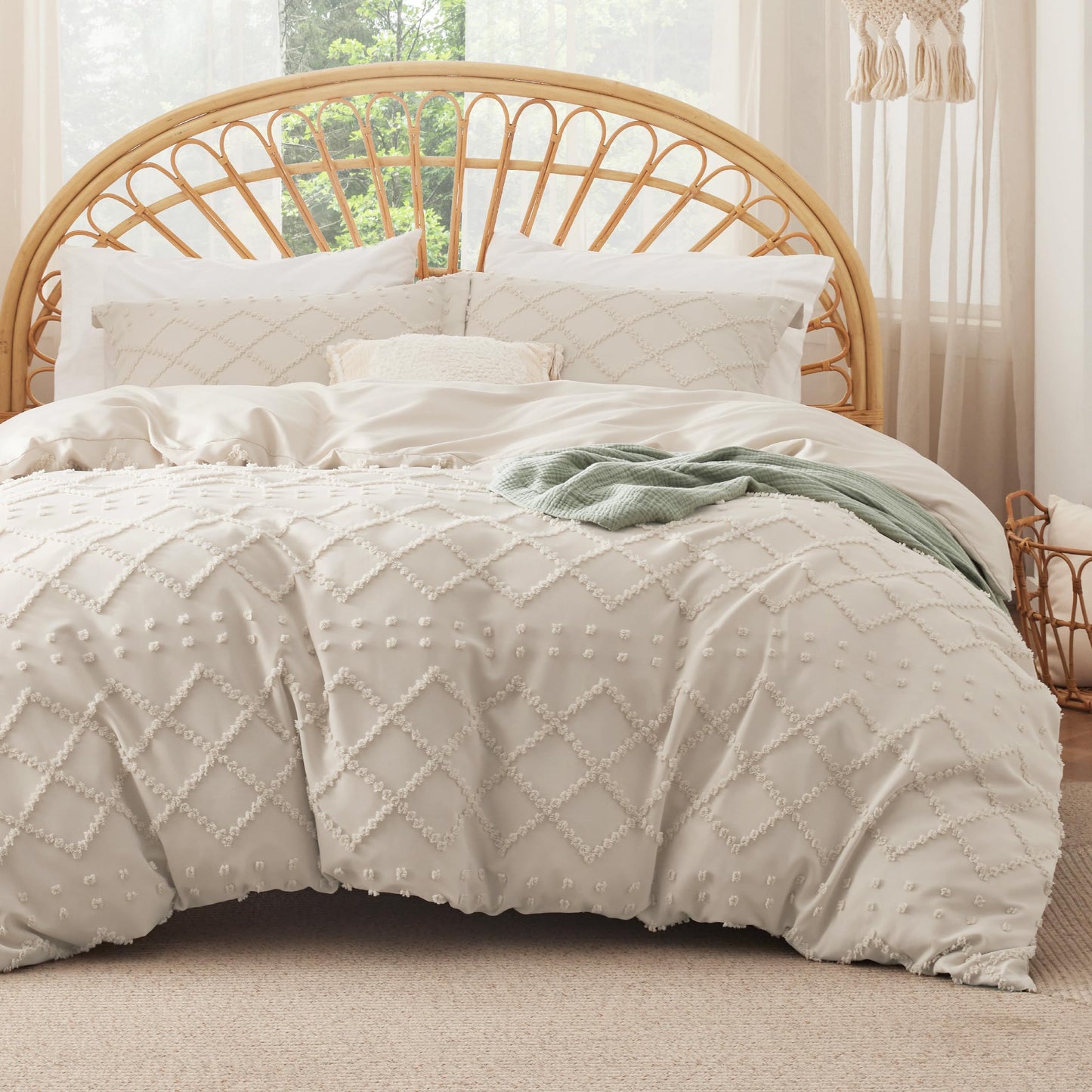 Bedsure Boho Duvet Cover Queen Size with Fitted Sheet - Boho Bedding Comforter Set, 4 Pieces, Includes 1 Duvet Cover 90"x90" with Zipper Closure, 2 Pillow Shams, 1 Fitted Sheet, Beige