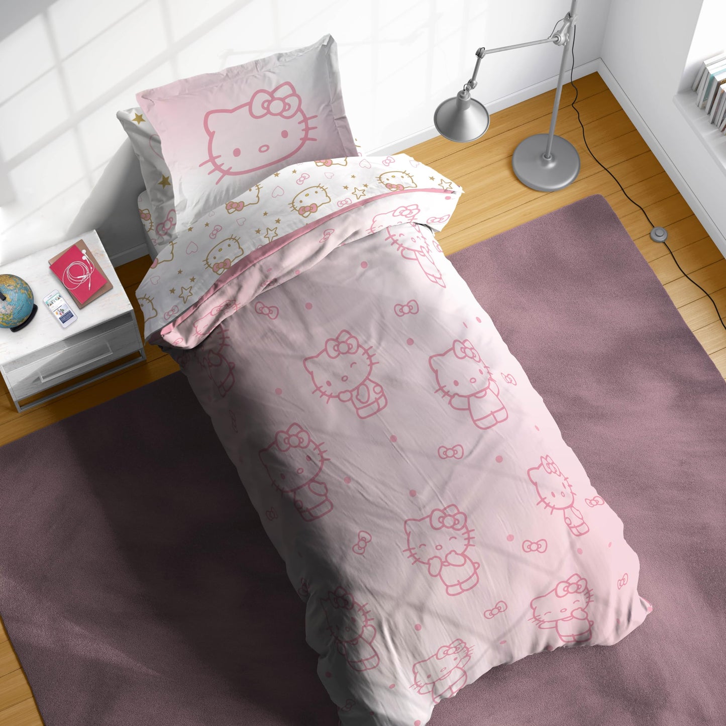 Jay Franco Hello Kitty Twin Comforter Set, 5 Piece Bed in a Bag - Kawaii Pink Bedding Set with Comforter, Sheets and Sham, Soft Brushed Microfiber, Machine Washable, Cute Bedroom Decor