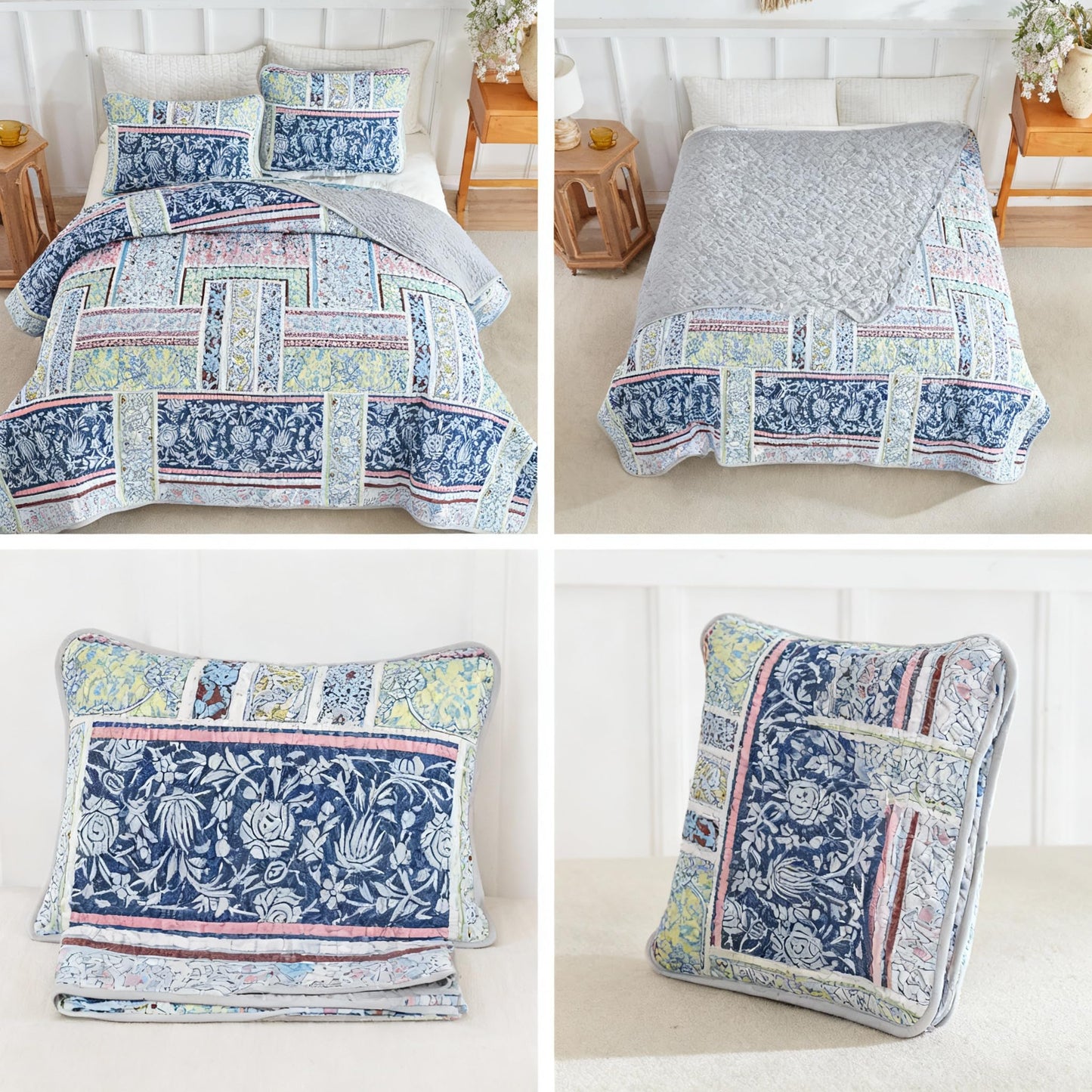Andreannie Boho Style Quilts King Size Bedding Set Quilted Bedspread Blue Bohemian Blue Floral Soft and Lightweight Bedspread for All Season, Bedding Coverlet with 2 Matching Pillow Shams (3 Pieces)