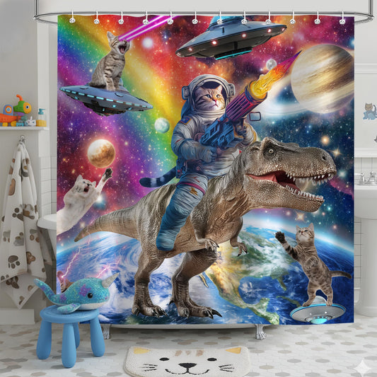 Aeyadis Funny Cat Riding Dinosaur Shower Curtain, Cool Cute Space Fantasy Galaxy Kids Shower Curtains Decor for Boys Girls Bathroom Set, Washable Waterproof Fabric with 12 Hooks, 72x72 Inch