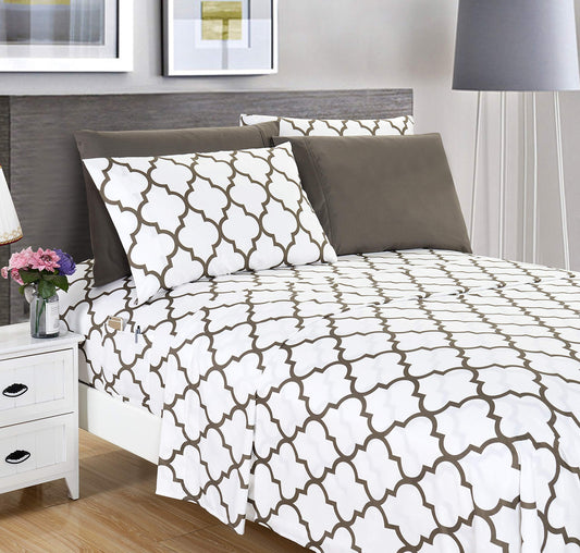 Elegant Comfort 4-Piece Quatrefoil Printed Deep Pocket Bed Sheet Set, Luxurious Silky 1500 Thread Count Bed Sheet Set Ultra Soft Wrinkle Resistant Bedding Set, Twin/Twin XL, White