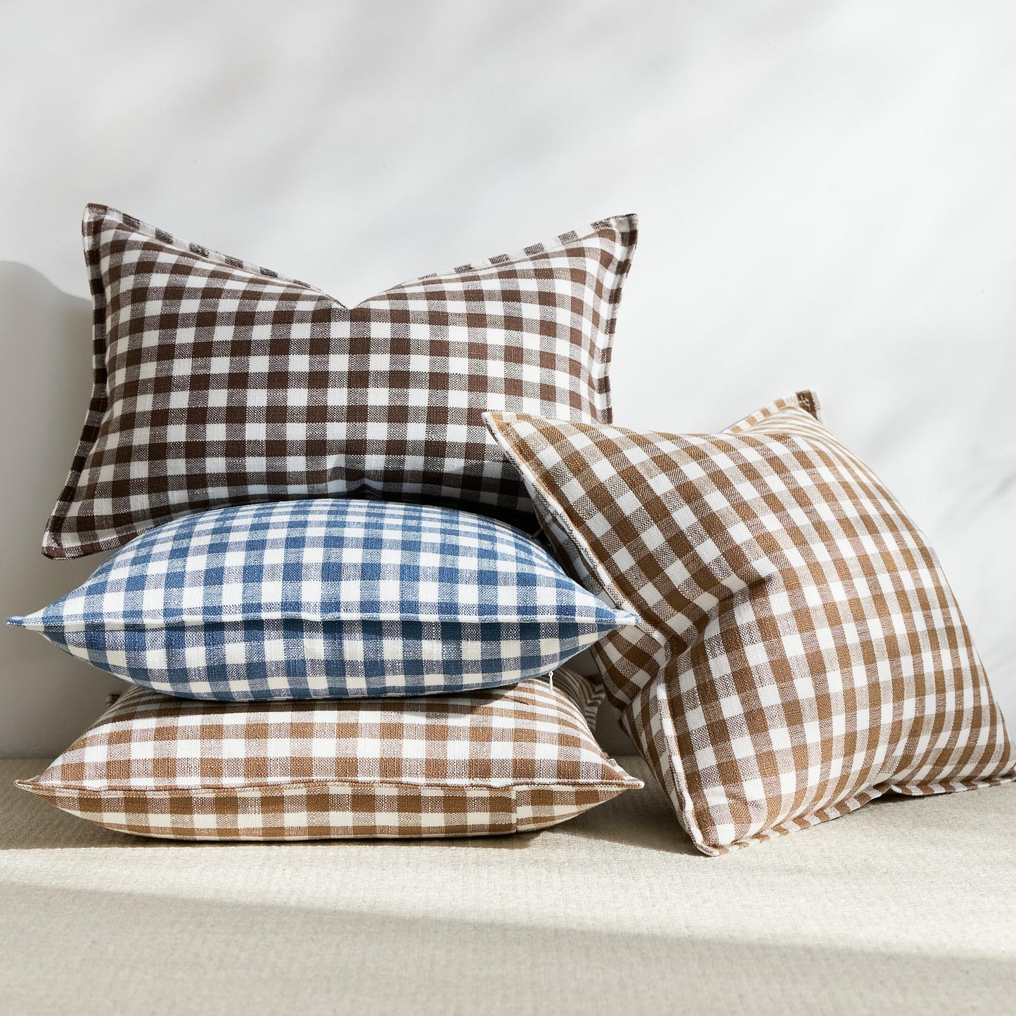 KINDREX Farmhouse Gingham Throw Pillow Covers 22x22 Set of 2, Small Checkered Linen-Textured Cushion Covers with Flanged Edges, Decorative Outdoor Pillowcases for Couch Sofa Living Room,Dusty Blue