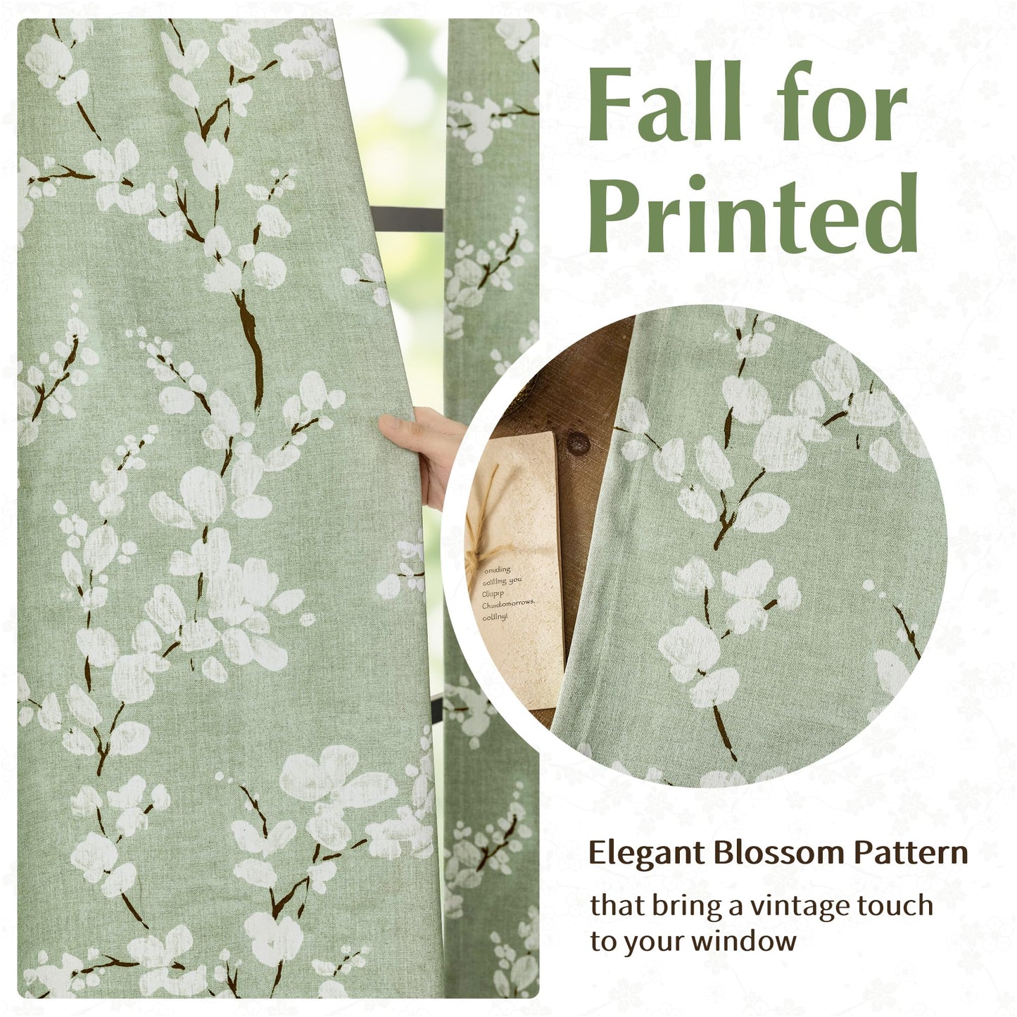 FMFUNCTEX 100% Blackout Floral Curtains for Bedroom, Sage Green Curtains 63 inch Length Blossom Patterned for Living Room, Thermal Insulated Farmhouse Drapes, Grommet Top 2 Panels (White on Green)