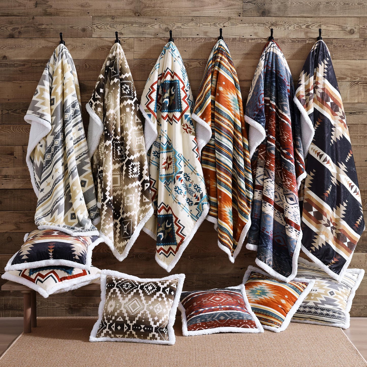 Paseo Road Indigo Hill by HiEnd Accents Spirit Valley Aztec 3 Piece Sherpa Throw Blanket Set, Tribal Navajo Print Fleece Throw Set, Western Southwestern Style, 1 Throw and 2 Throw Pillows