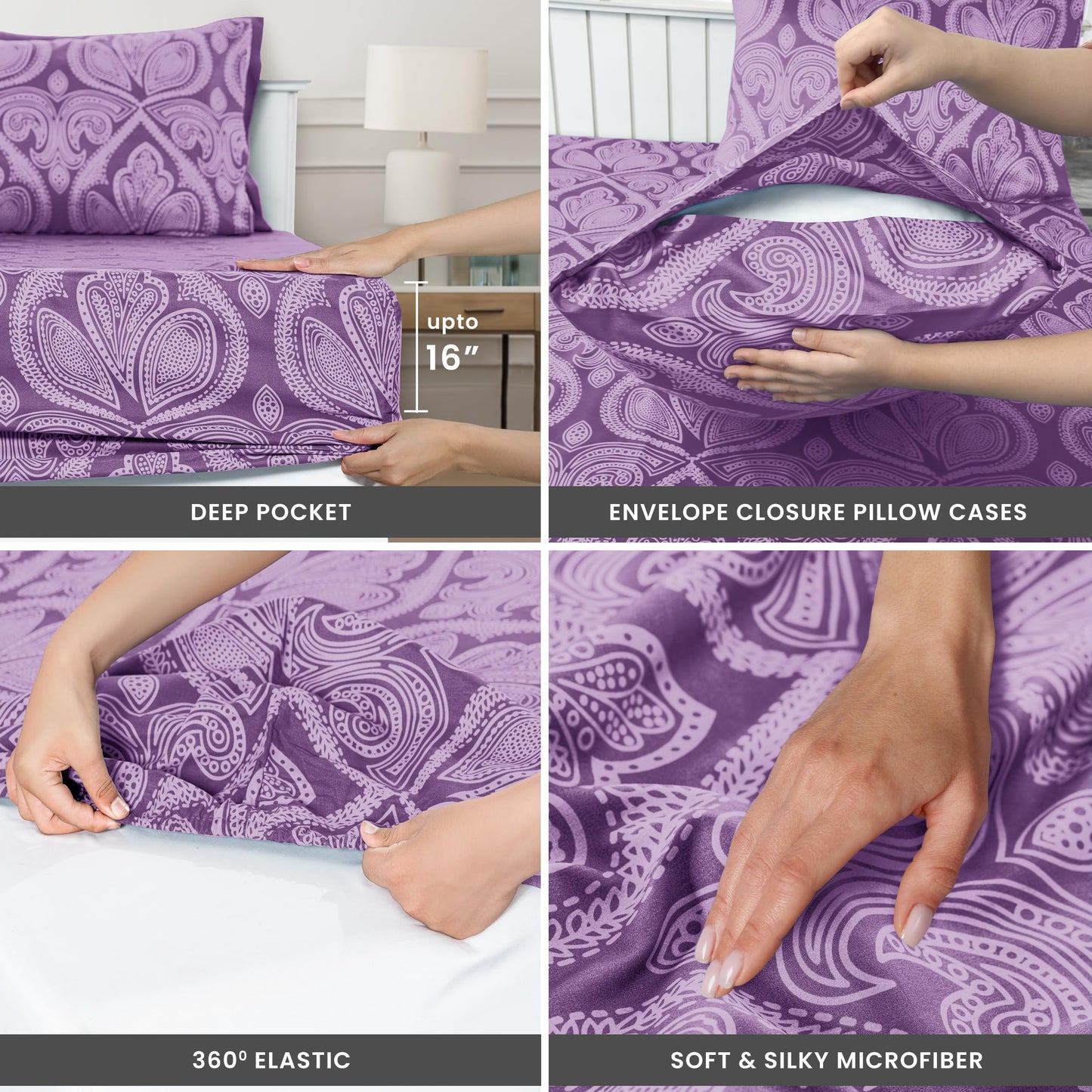 Ultra Soft Wrinkle-Free Microfiber Paisley King Sheet Set, Cute Floral Pattern Boho Print – 16" Deep Pocket Fitted Sheet, Flat Sheet & 4 Pillowcases, Breathable, OEKO-TEX - Purple
