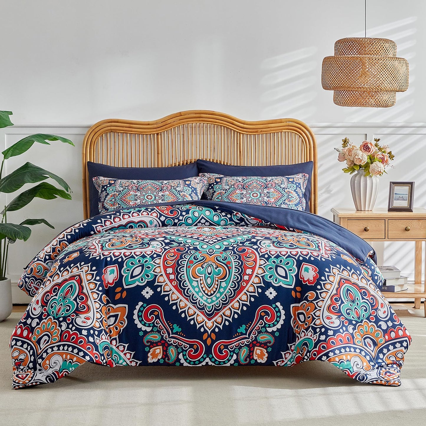 Boho Comforter Sheet Set Bohemian Bed in a Bag Queen Size Bedding Set, Navy Blue Orange Paisley Microfiber 7pc Bedding Set (1 Comforter 2 Pillow Shams 1 Pink Flat Sheet 1 Fitted Sheet 2 Pillowcases)