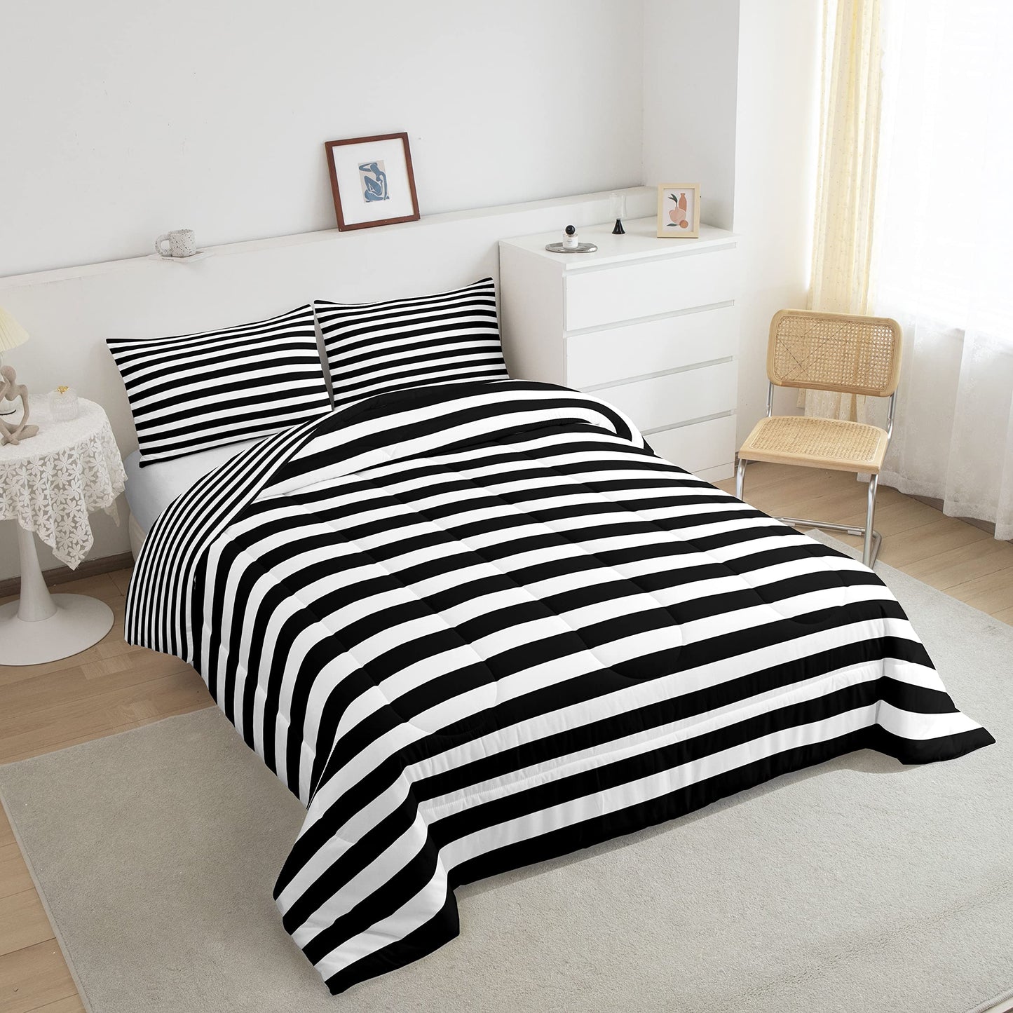 Striped Comforter Set Black and White Stripe Bedding Set Queen Kids Boys Girls Women Men Farmhouse Ticking Stripes Duvet Set Modern Geometric Lines Adults Abstract Gothic Home Decor Soft Reversible