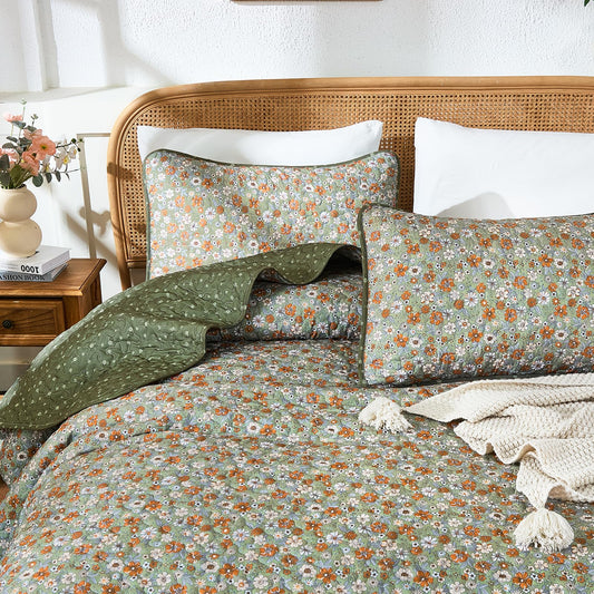 Xruibed Floral Quilt Set Queen Size, 3 Pieces Olive Green Bedspread Coverlet Set, Lightweight Coquette Cottagecore Shabby Chic Bedding Set for Women Teen Girls All Season(96"x90")