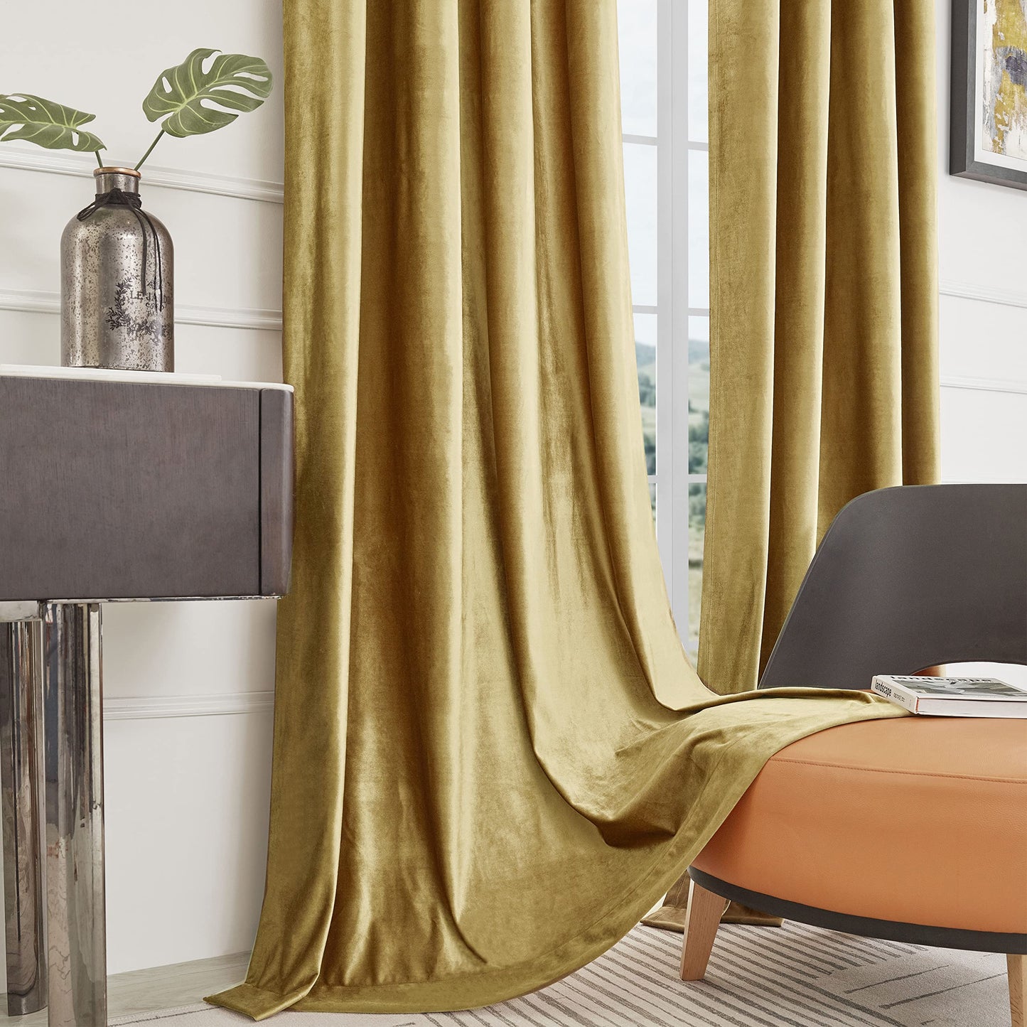 BULBUL Velvet Gold Curtains 84 inch Length- Living Room Blackout Thermal Window Drapes Darkening Decor Grommet Curtains for Bedroom Set of 2 Panels