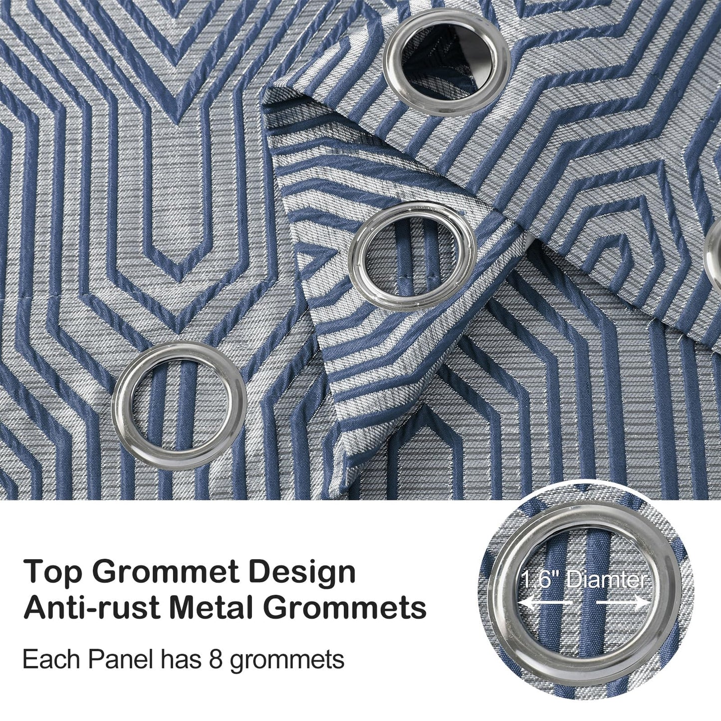Indigo Blue and Silvery 100% Blackout Jacquard Geometric Pattern Curtains,52 Inch Wide 96 Inch Length 2 Panels, Thermal Insulated Noise Reducing Anti-Rust Grommet Drapes for Bedroom Living Room