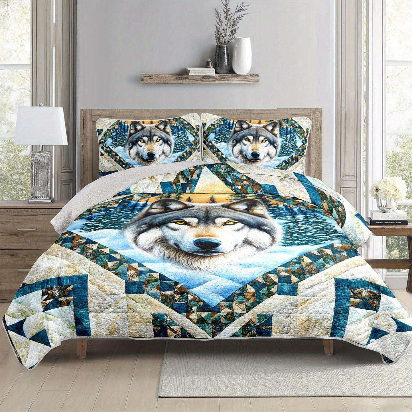 Tuzaovy Wolf Animal Quilt Bedding Set Queen Size for Kid Teen,Wolf Bedspread Sets Bedding Cozy Winter Bedroom Decor,Geometric Animal Print Bed Cover Queen for Boys Girls Bedroom Decor