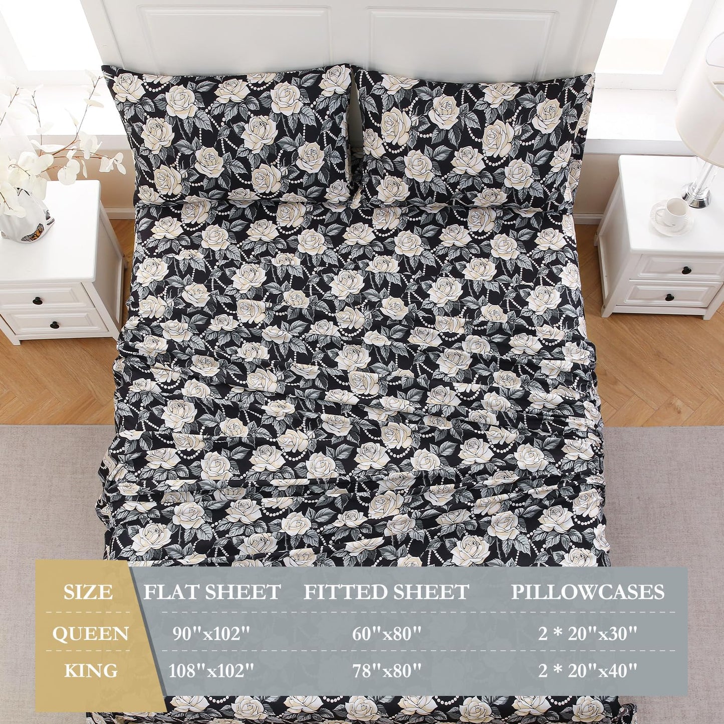 MICORAL Black White Rose Boho Floral Queen Sheet Set, 4-Piece Printed Botanical Bed Sheets, 16" Deep Pocket, Ultra Soft & Cooling Sheet, Oeko-TEX Certified, Black White Rose