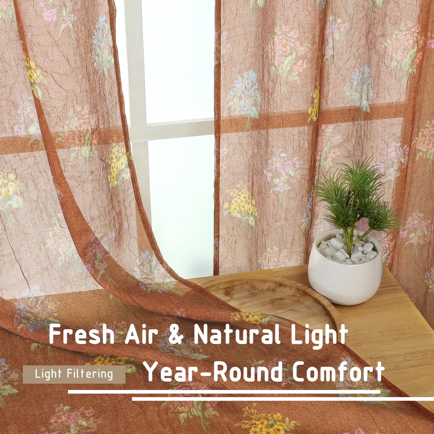 Ebesto Crushed Floral Sheer Curtains 63 Inch Length - Light Filtering Printed Sheer Flower Patterned Curtains for Bedroom, Spring Romantic Rod Pocket Window Drapes, 2 Panels, 42Wx63L, Terracotta