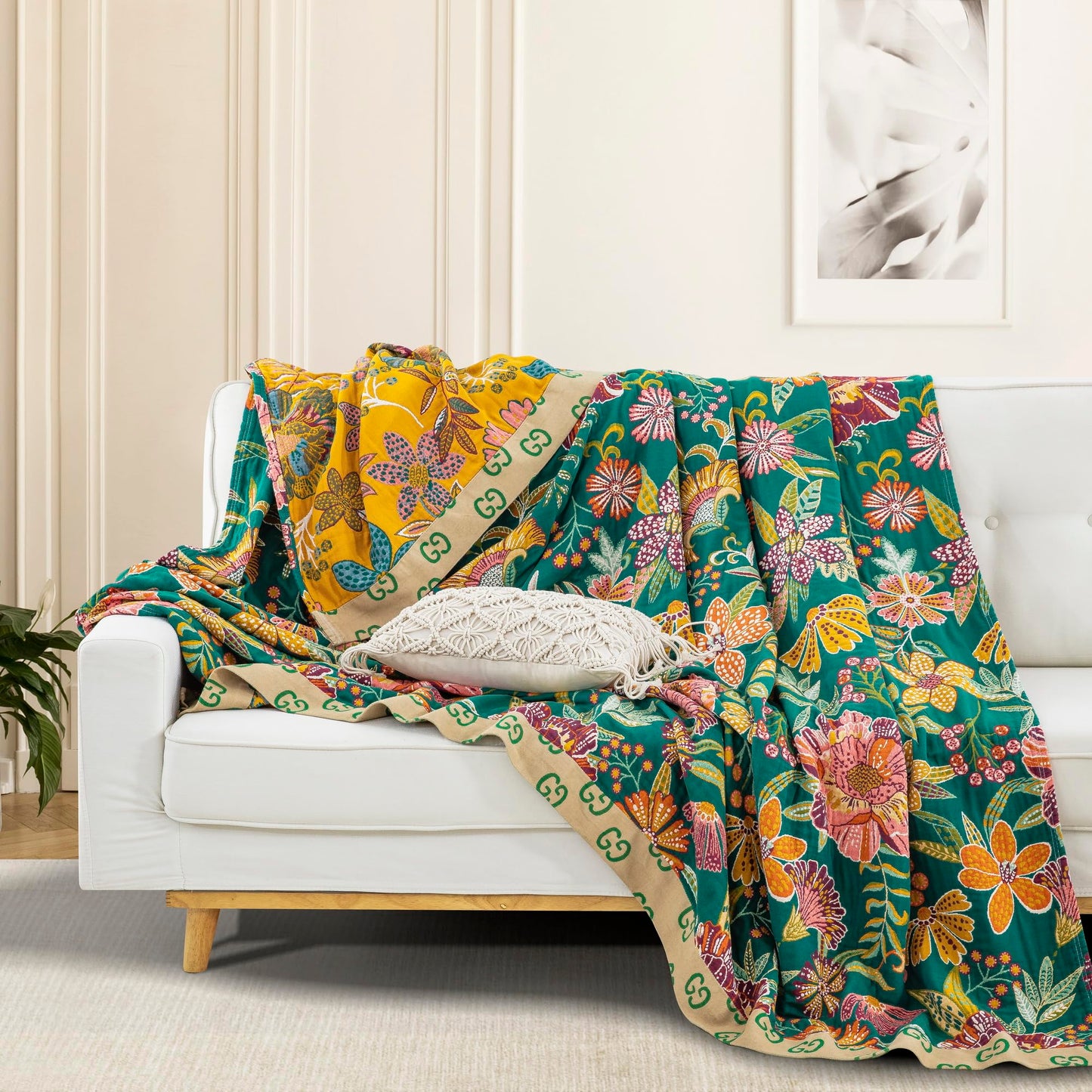 Purefair 100% Muslin Cotton Throw Blanket for Bed Couch Chair, Bohemian Floral Colorful Retro Quilt Ultra Soft Reversible Gauze Blanket for All Season, 60"x80"