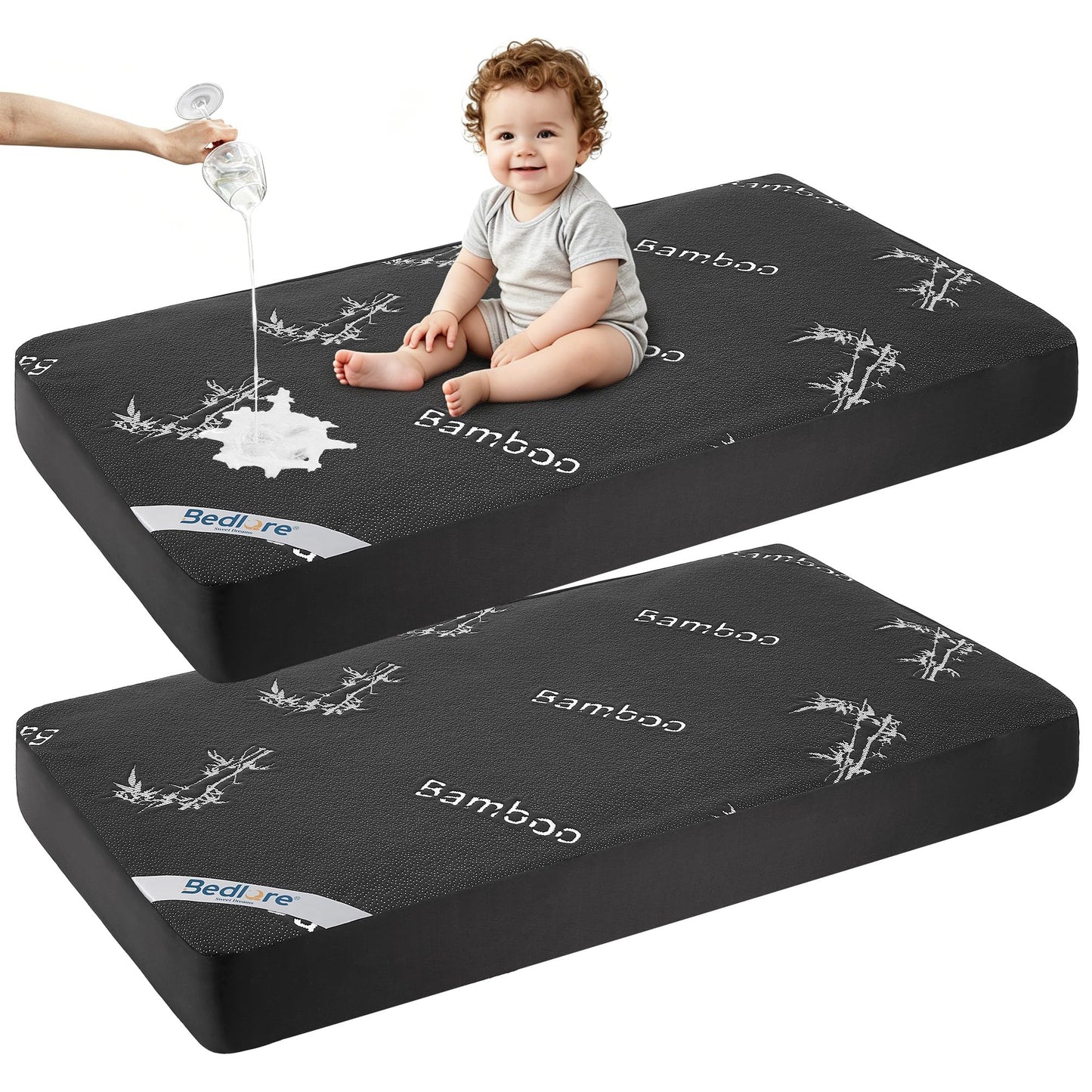 BEDLORE Waterproof Crib Mattress Protector 2 Pack, Ultra Soft Bamboo Viscose Crib Mattress Pad Cover, Noiseless Toddler Mattress Protector for Standard Baby Mattress Size 52''x28'', Dark Gray