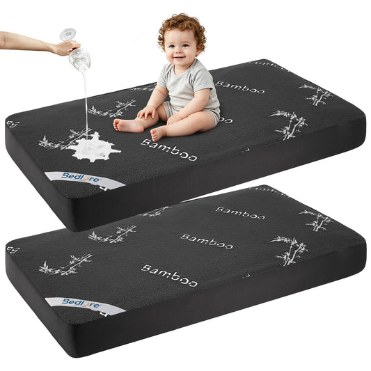BEDLORE Waterproof Crib Mattress Protector 2 Pack, Ultra Soft Bamboo Viscose Crib Mattress Pad Cover, Noiseless Toddler Mattress Protector for Standard Baby Mattress Size 52''x28'', Dark Gray